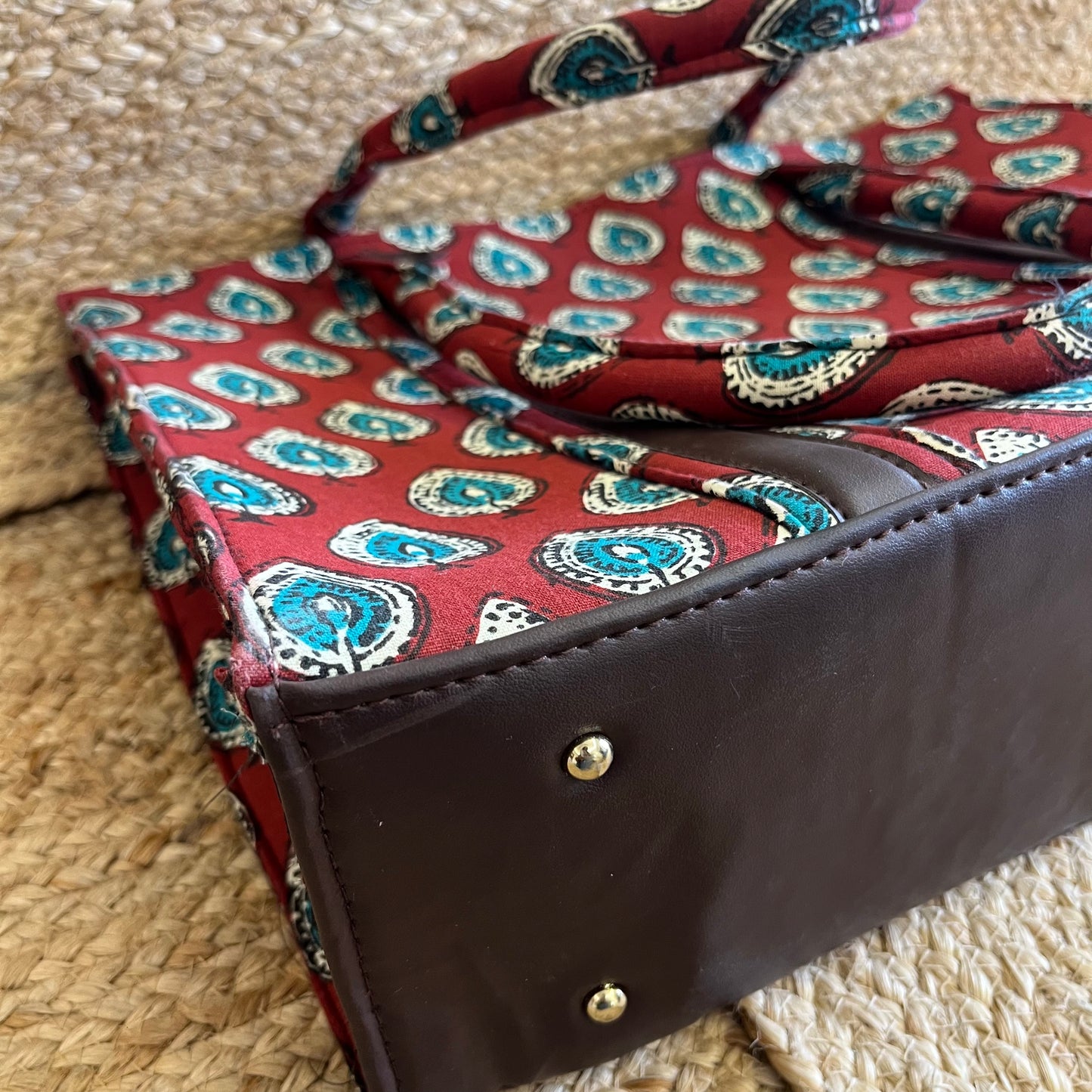 Red Green Leaf Handblock Printed Vegan Leather Laptop Bag