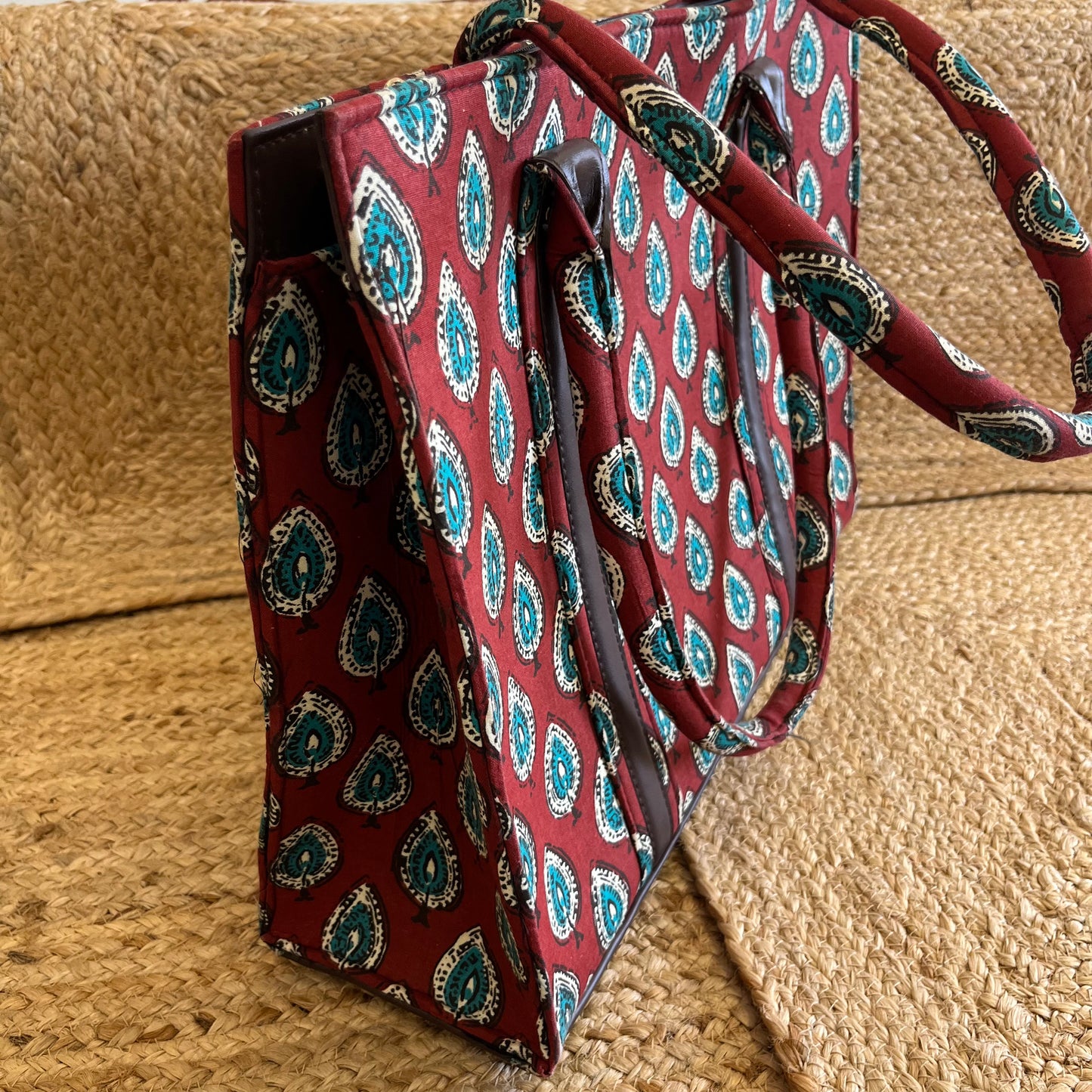 Red Green Leaf Handblock Printed Vegan Leather Laptop Bag