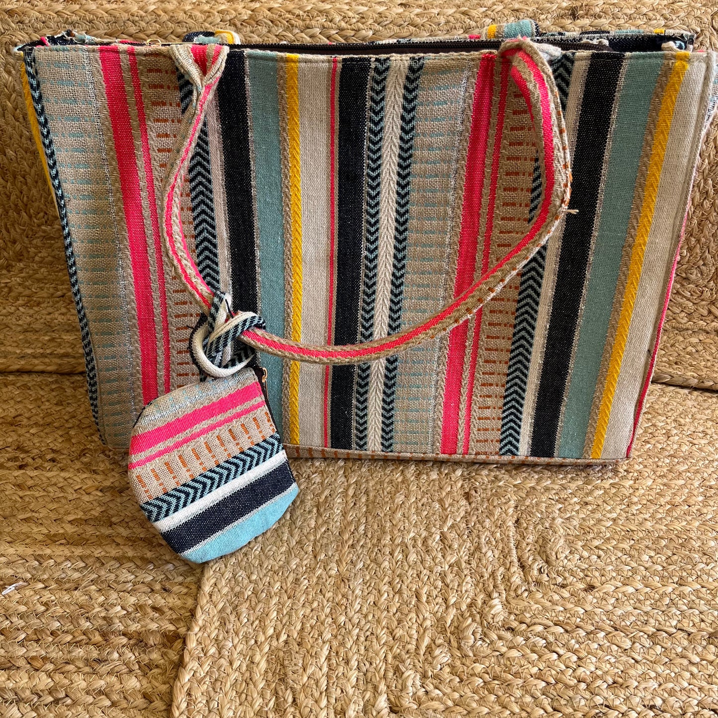 Multi-Color Stripes Handblock Printed Vegan Leather Laptop Bag