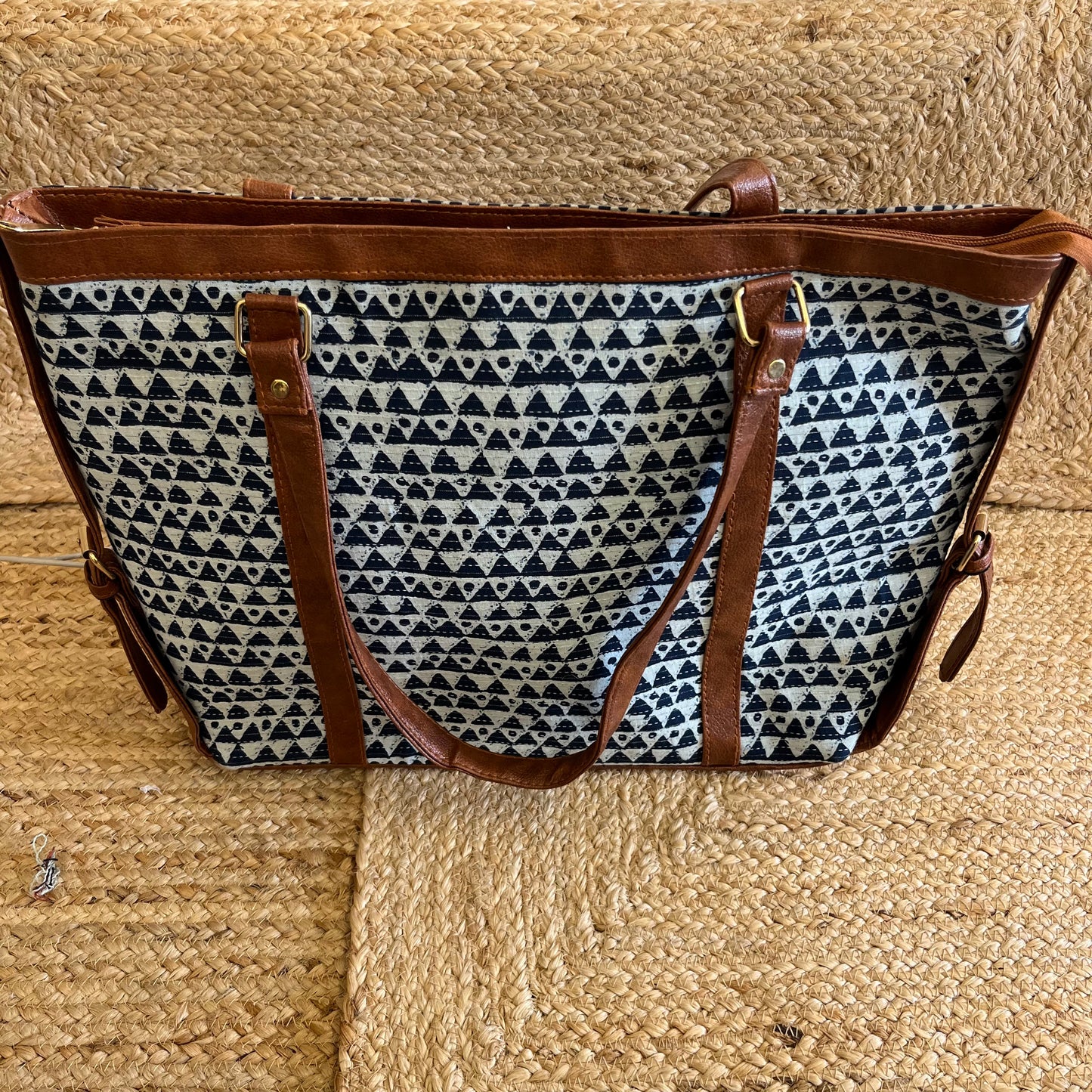 Blue Abstract Triangle Handblock Printed Vegan Leather Laptop Bag