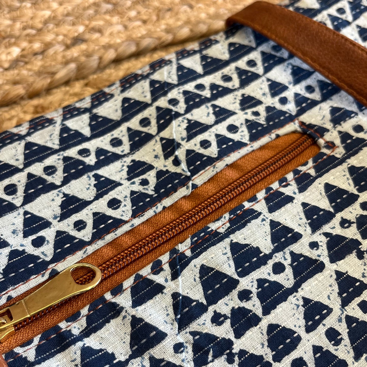 Blue Abstract Triangle Handblock Printed Vegan Leather Laptop Bag