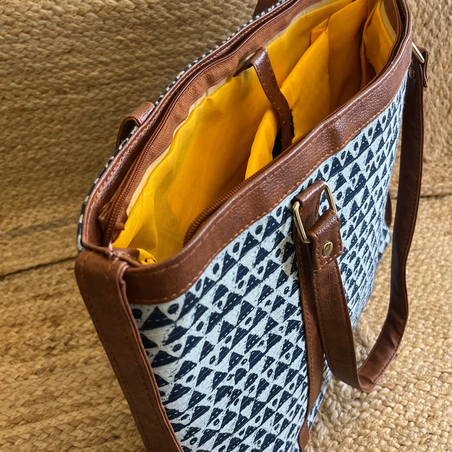 Blue Abstract Triangle Handblock Printed Vegan Leather Laptop Bag