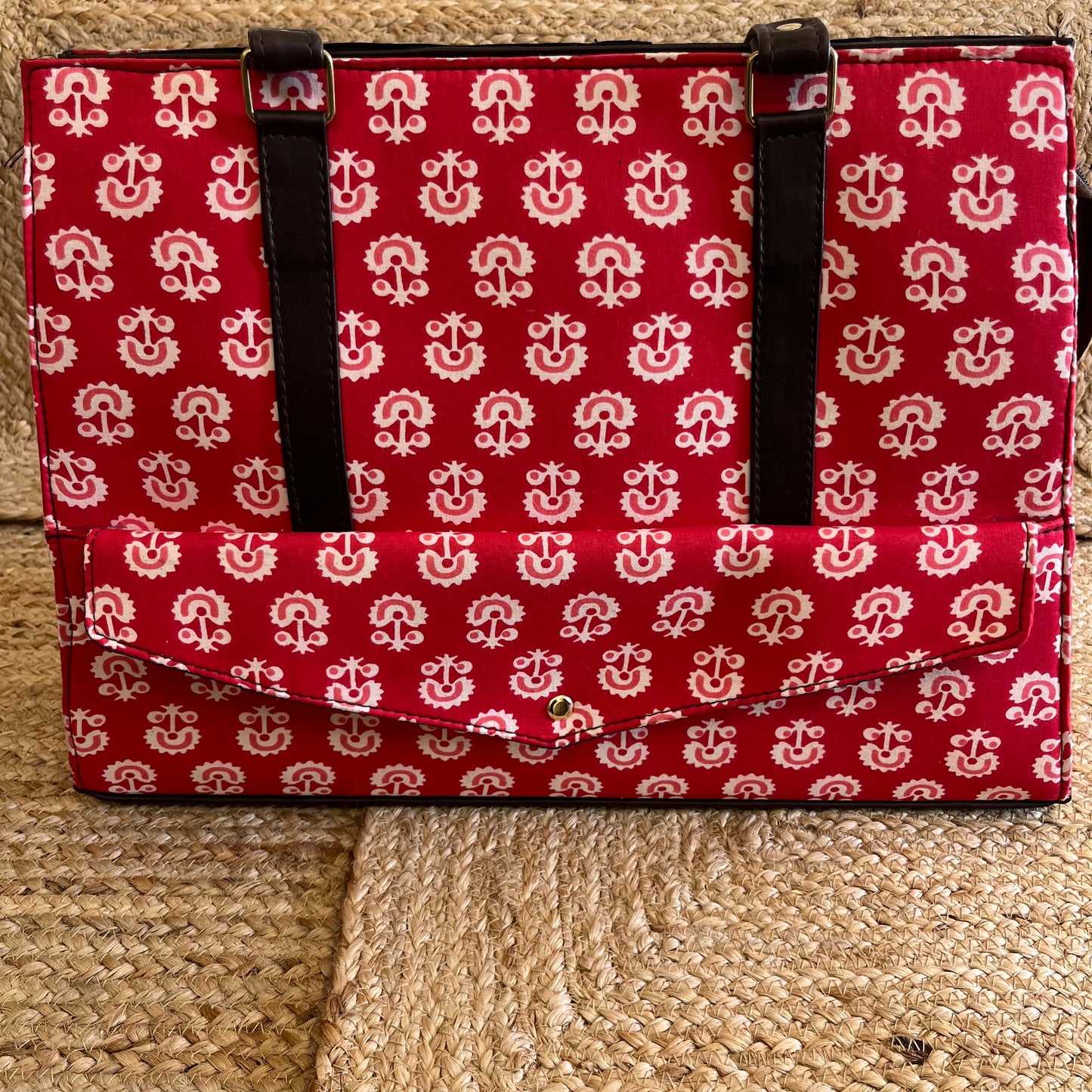 Pretty Red Handblock Printed Vegan Leather Laptop Bag