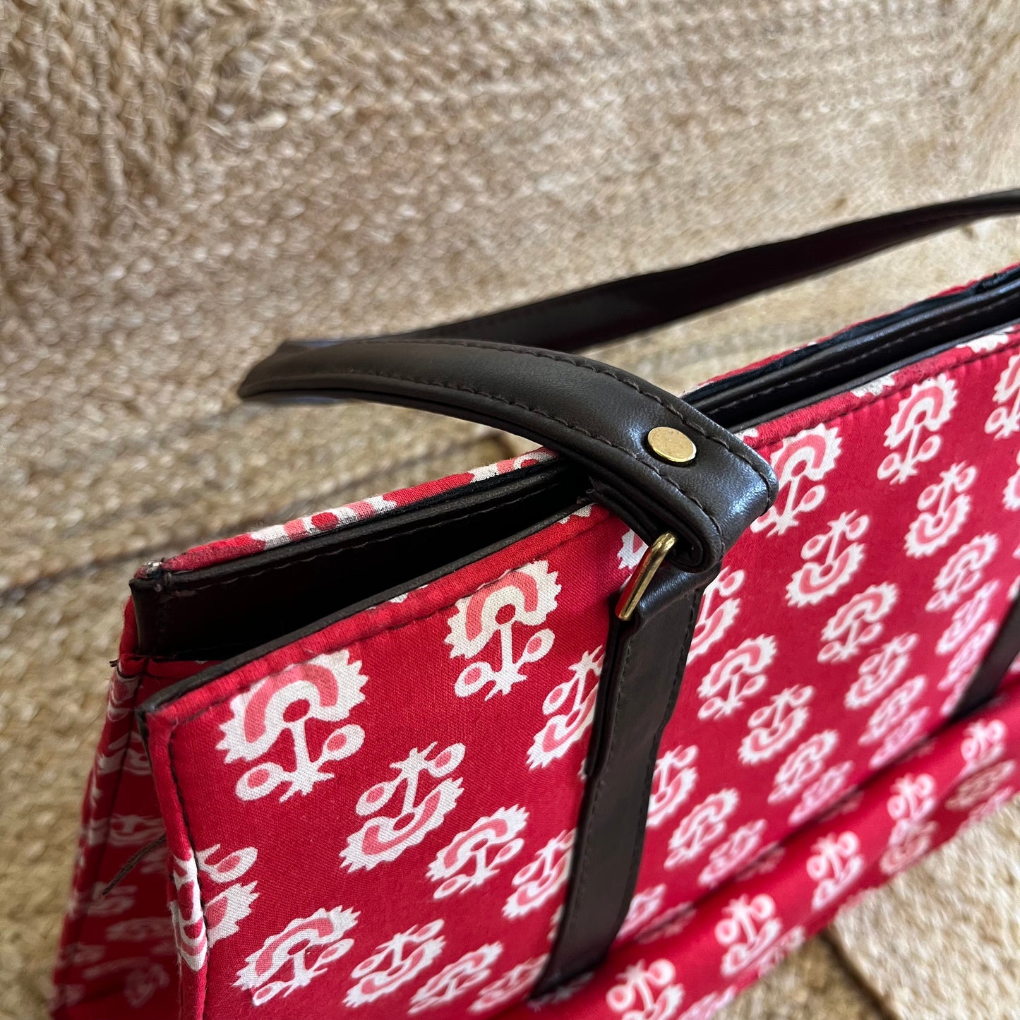 Pretty Red Handblock Printed Vegan Leather Laptop Bag