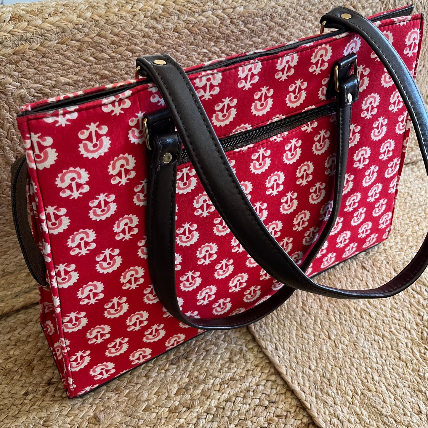 Pretty Red Handblock Printed Vegan Leather Laptop Bag