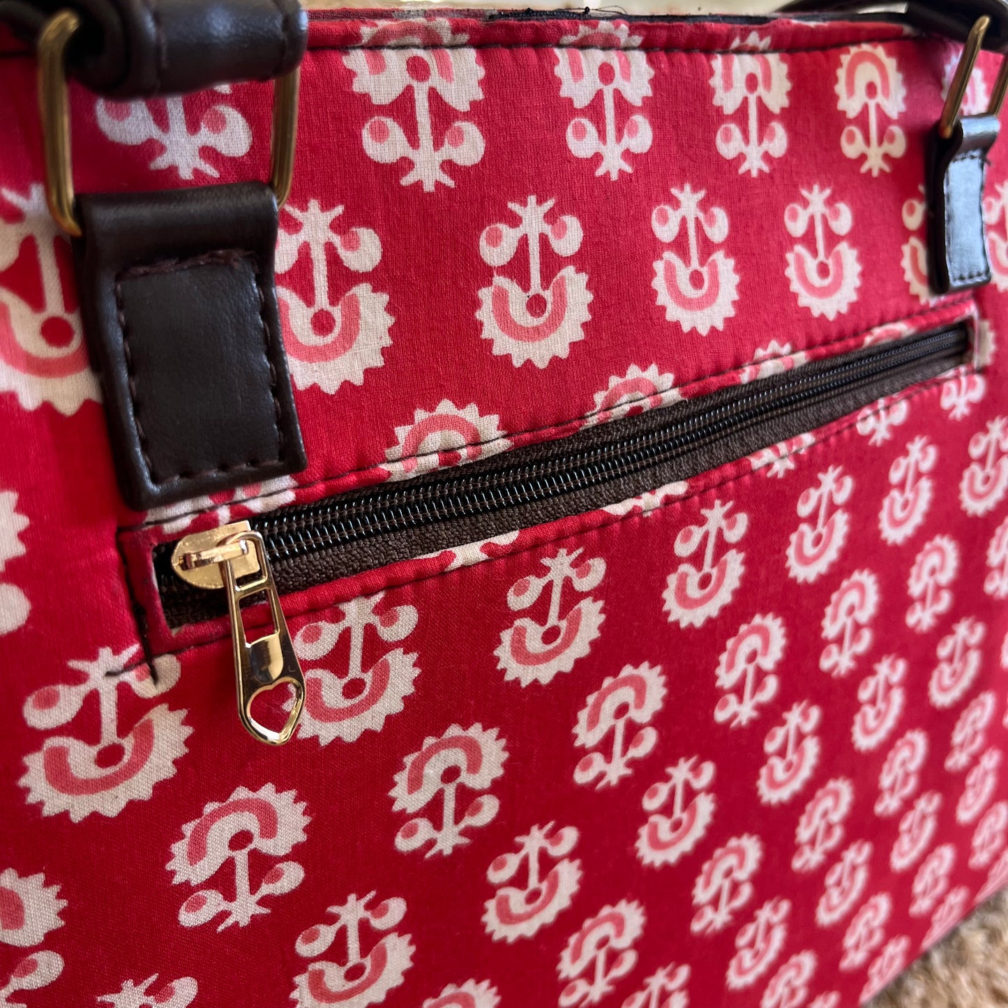 Pretty Red Handblock Printed Vegan Leather Laptop Bag