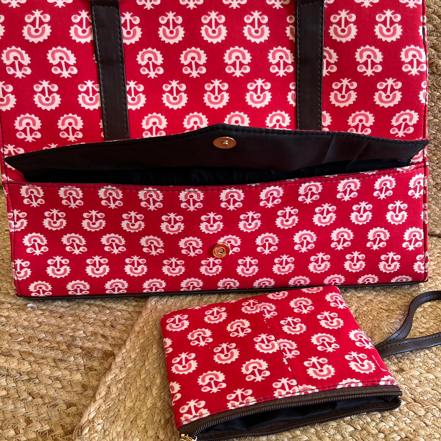 Pretty Red Handblock Printed Vegan Leather Laptop Bag
