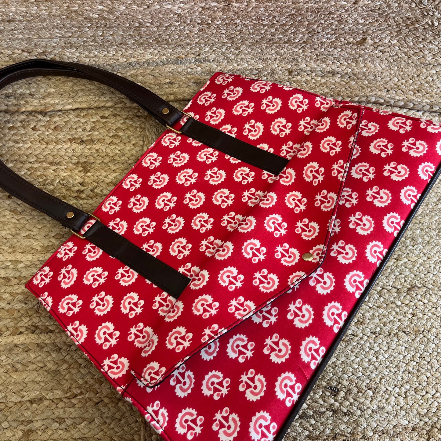 Pretty Red Handblock Printed Vegan Leather Laptop Bag