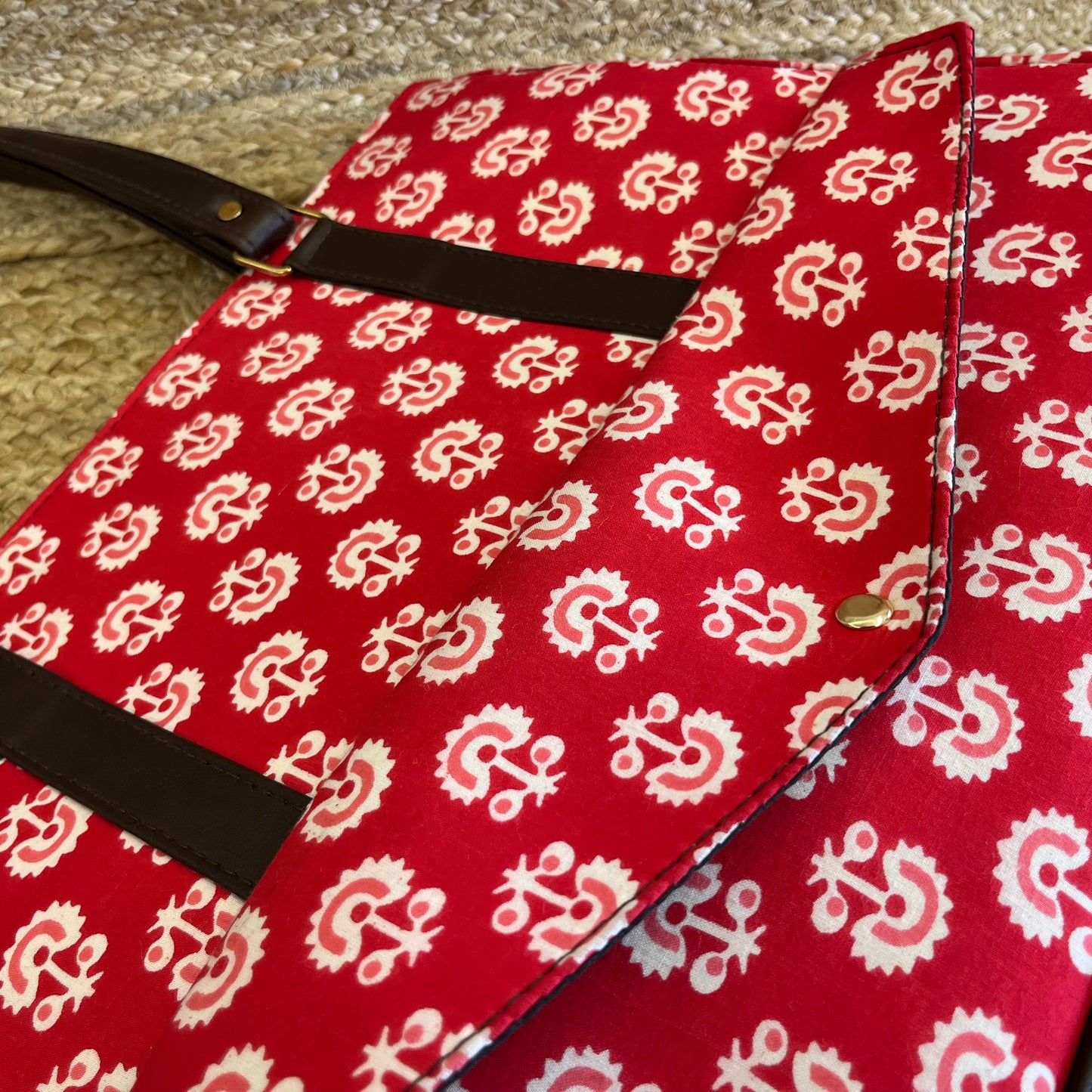 Pretty Red Handblock Printed Vegan Leather Laptop Bag
