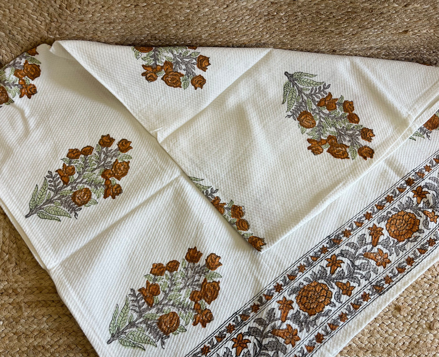 Brown Floral Handblock Waffle Cotton Towel Set