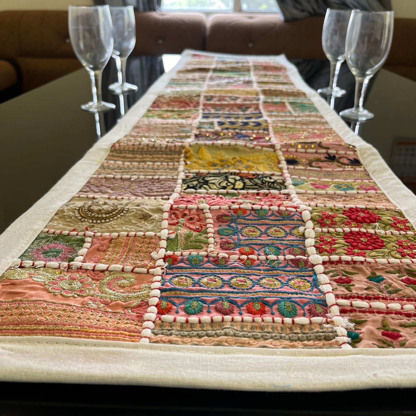White Kambadiya Patchwork Rajasthani Table Runner