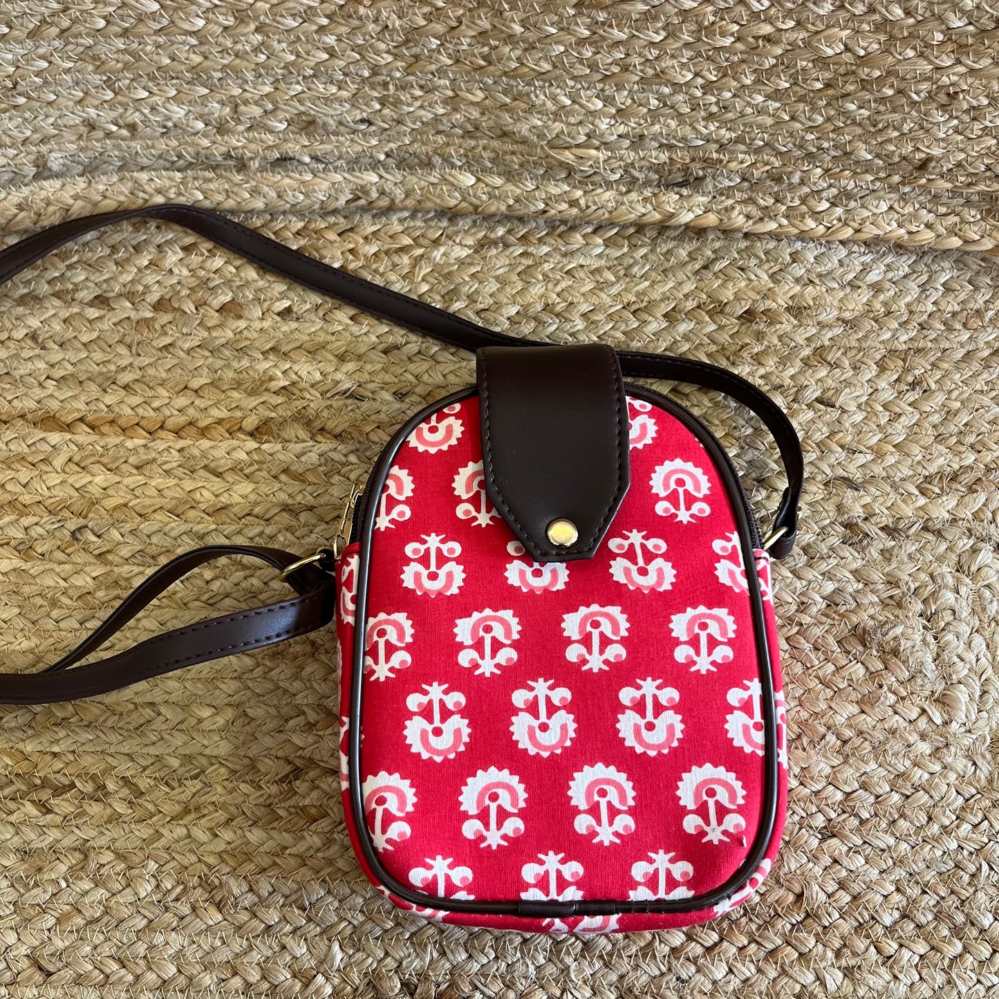 Red Handblock Printed Mobile Vegan Leather Sling Bag