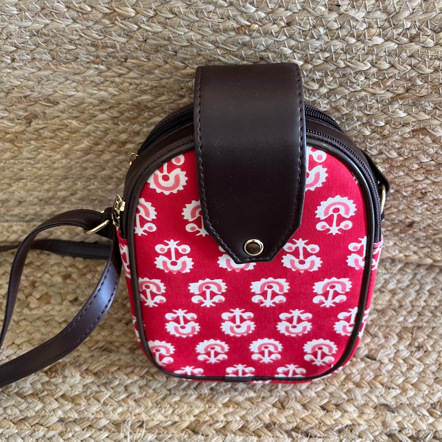 Red Handblock Printed Mobile Vegan Leather Sling Bag