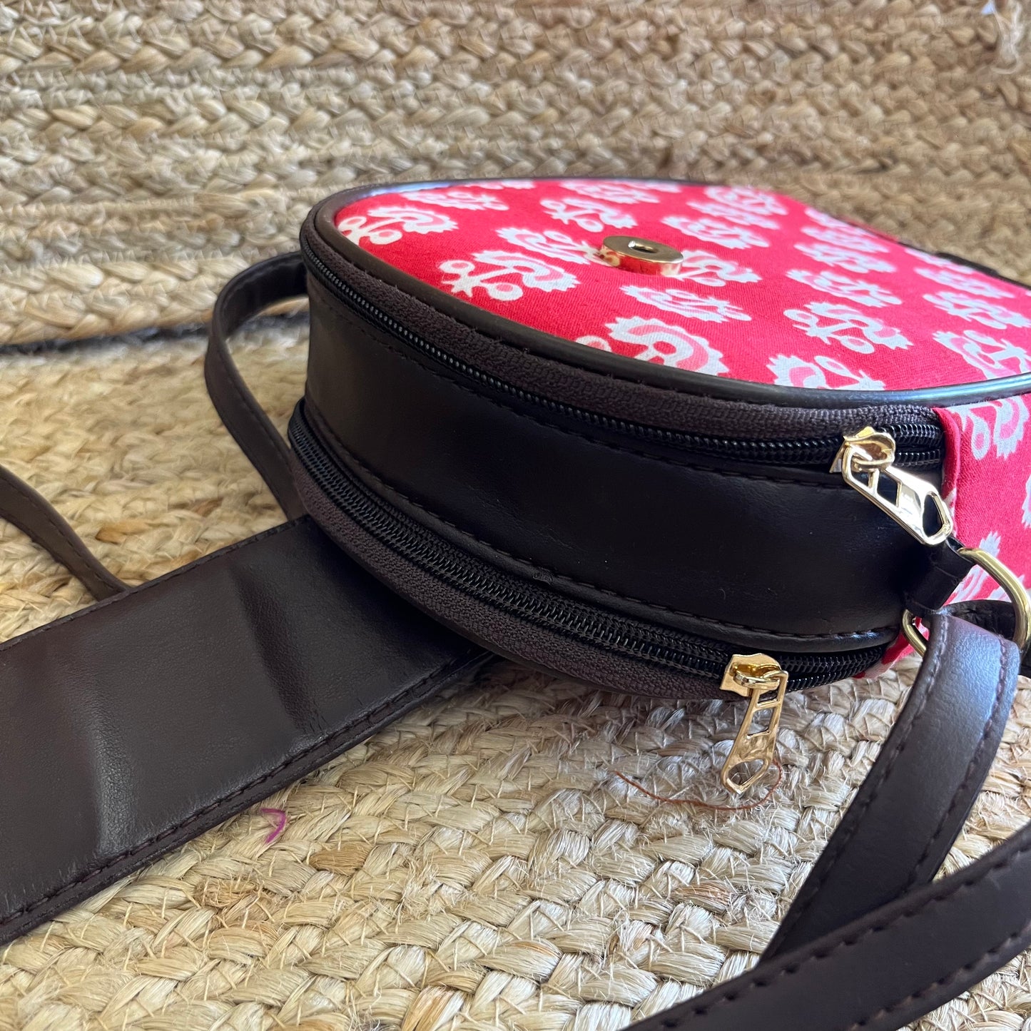 Red Handblock Printed Mobile Vegan Leather Sling Bag