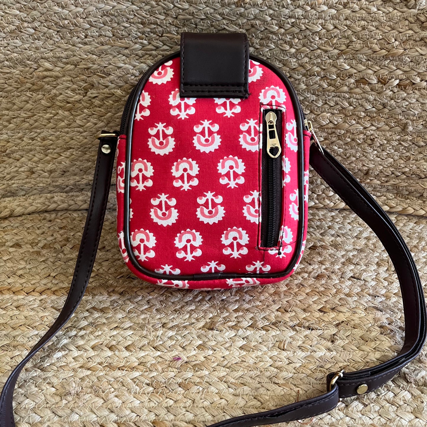 Red Handblock Printed Mobile Vegan Leather Sling Bag