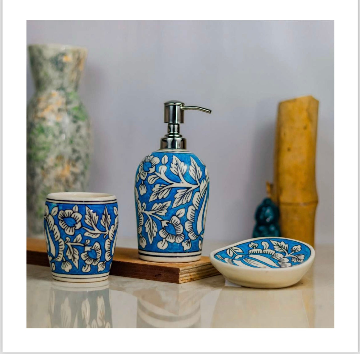 Blue Floral Ceramic Bathroom Set – 3-Piece Elegant Bath Accessories