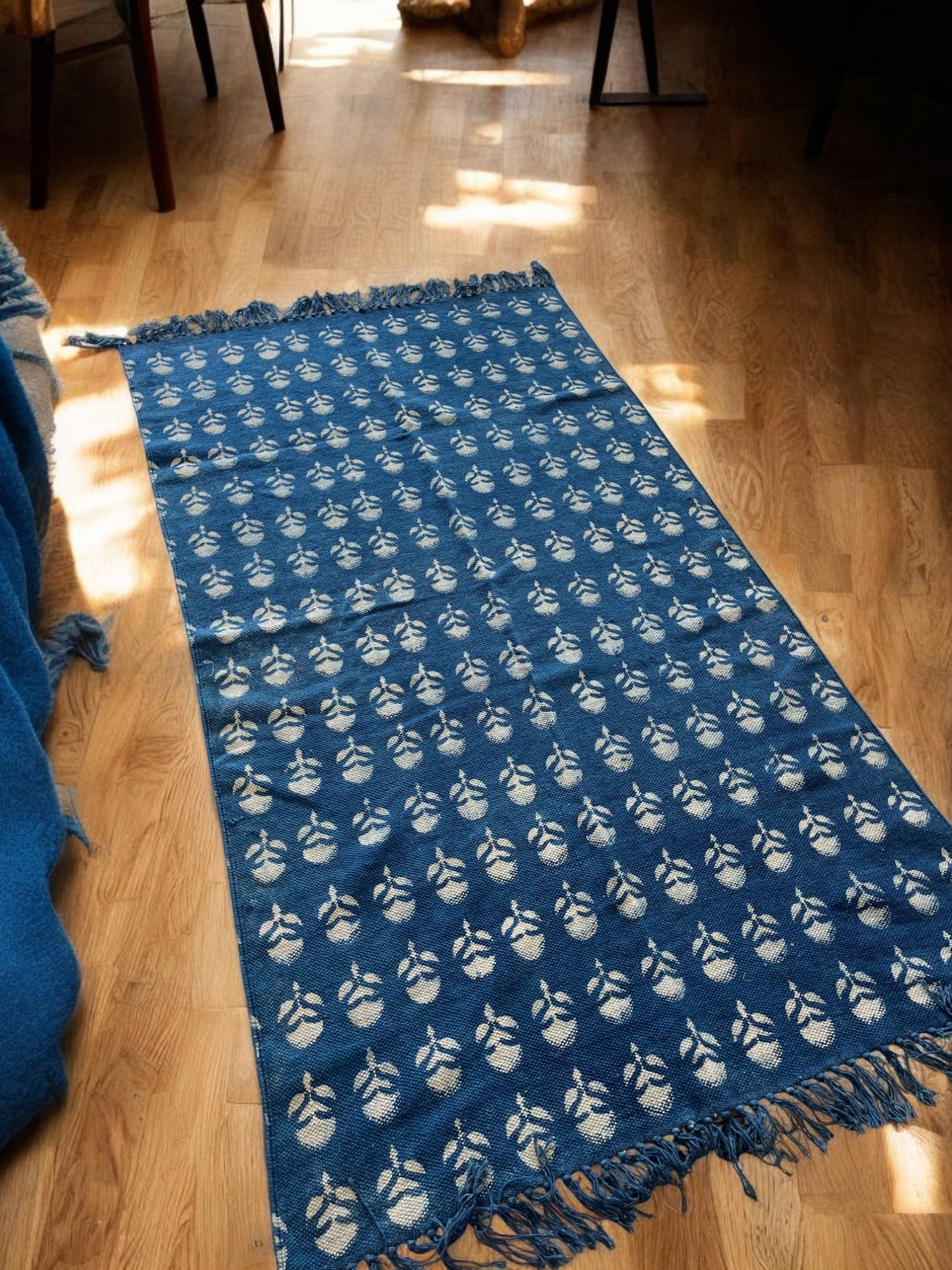 Blue Floral Handblock Print Cotton Rug