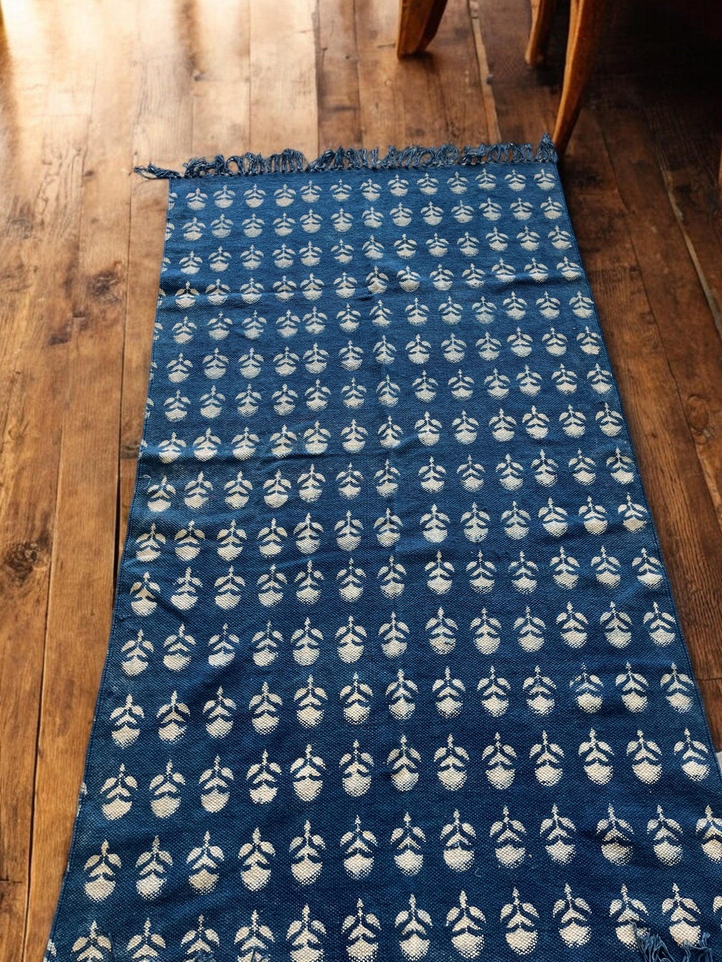 Blue Floral Handblock Print Cotton Rug