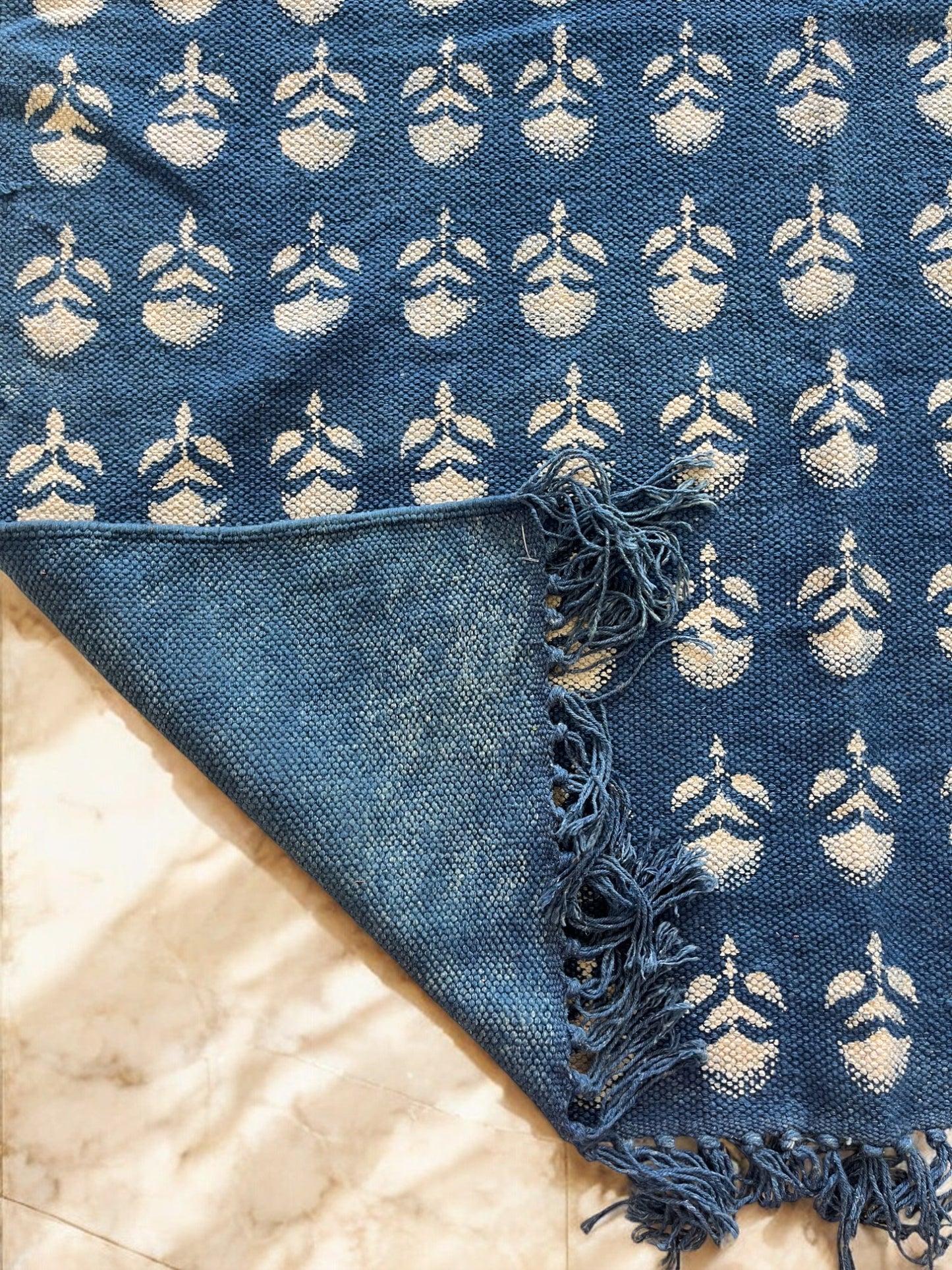 Blue Floral Handblock Print Cotton Rug