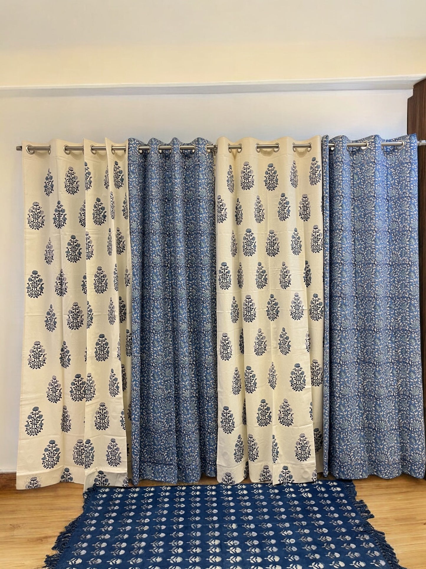 Handblock White and Blue Curtain Set of 2 (7 Feet)