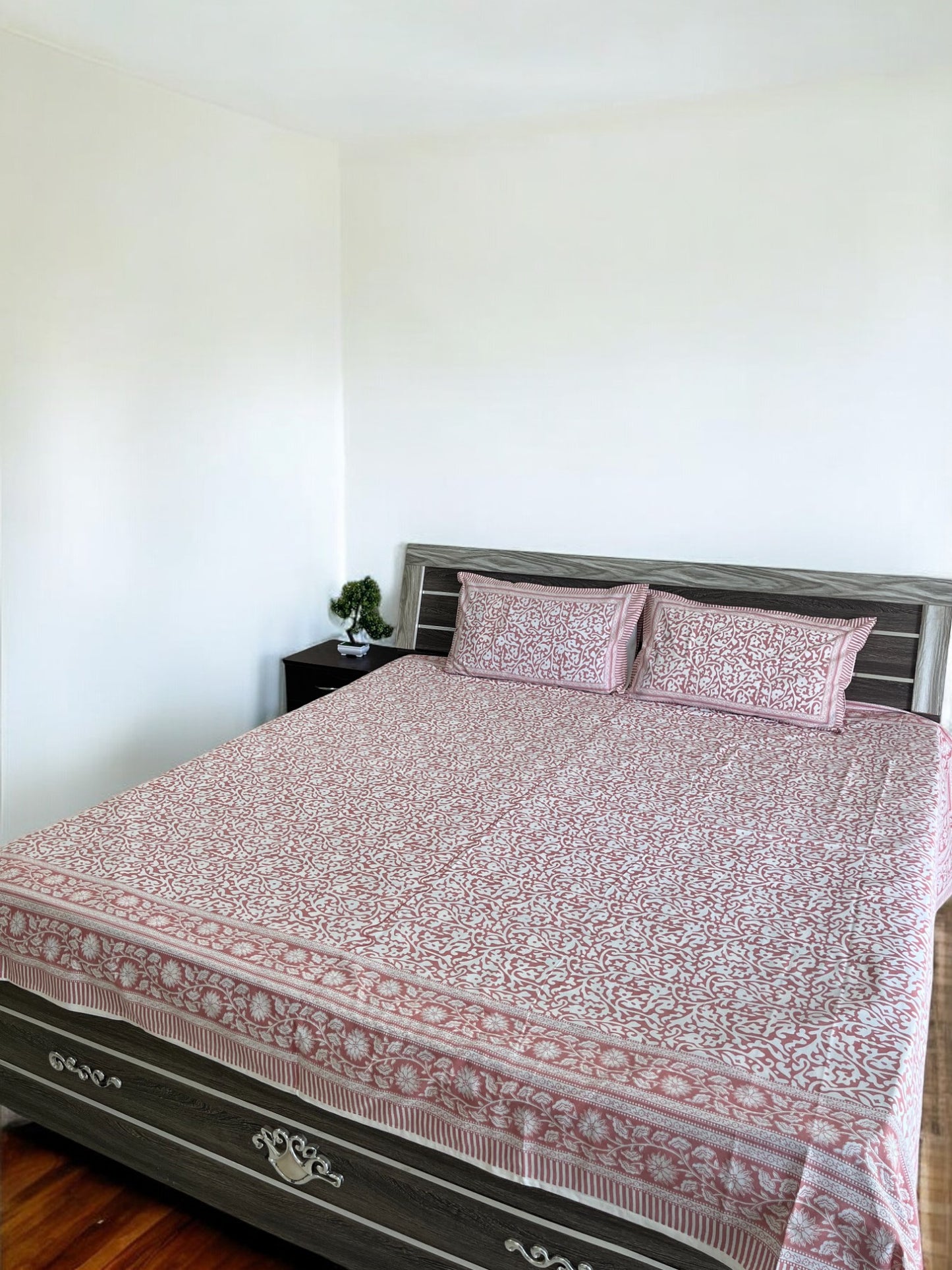 Handblock Peach Floral Double Bedsheet