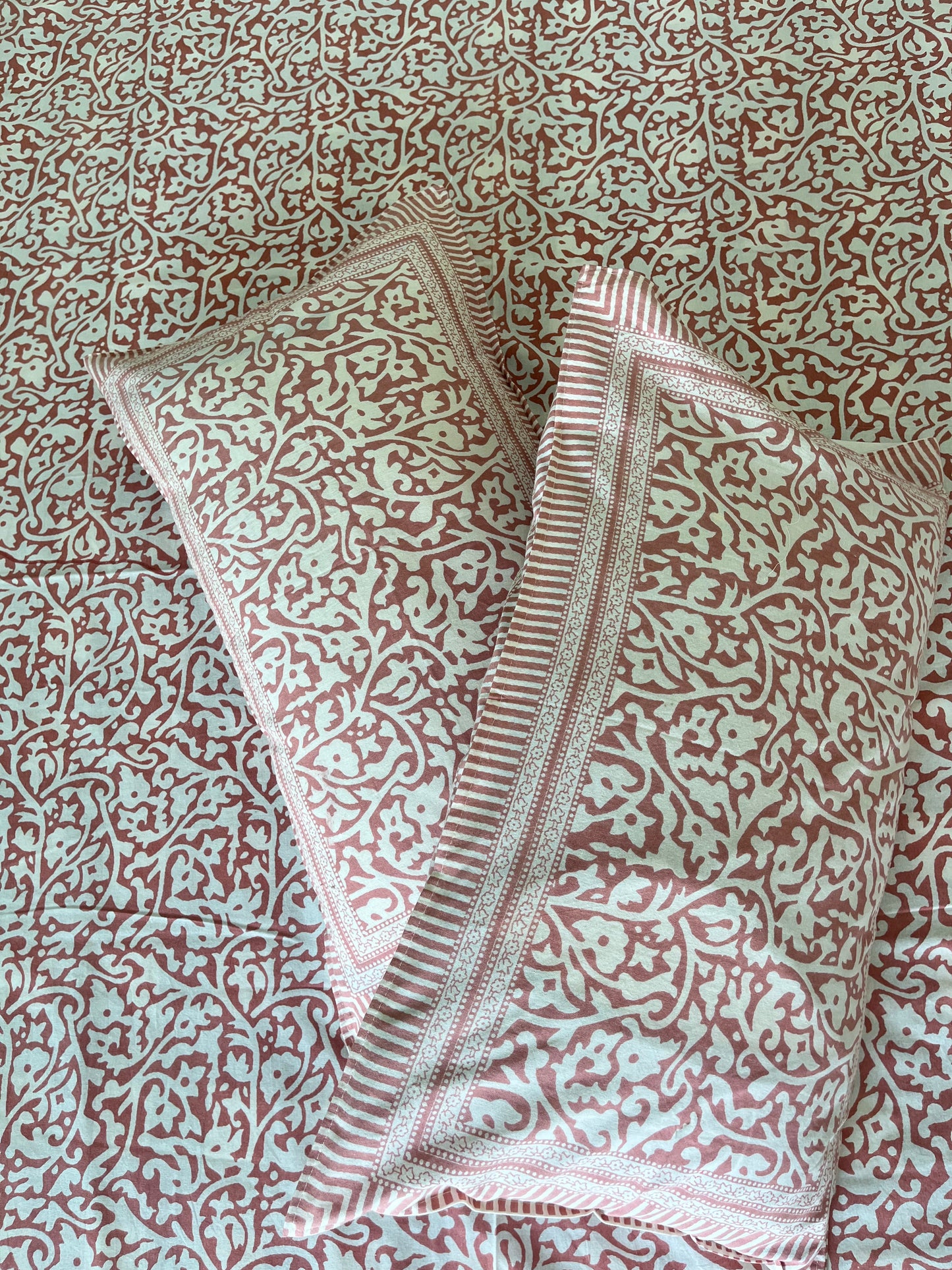 Handblock Peach Floral Double Bedsheet
