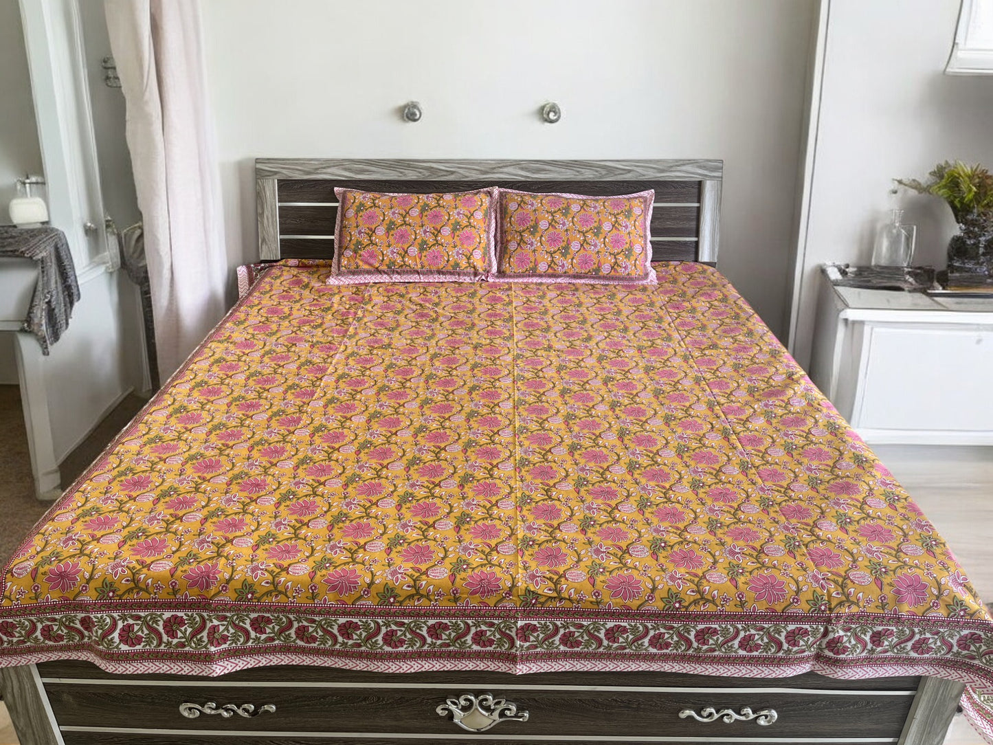 Handblock Yellow and Pink Floral Double Bedsheet