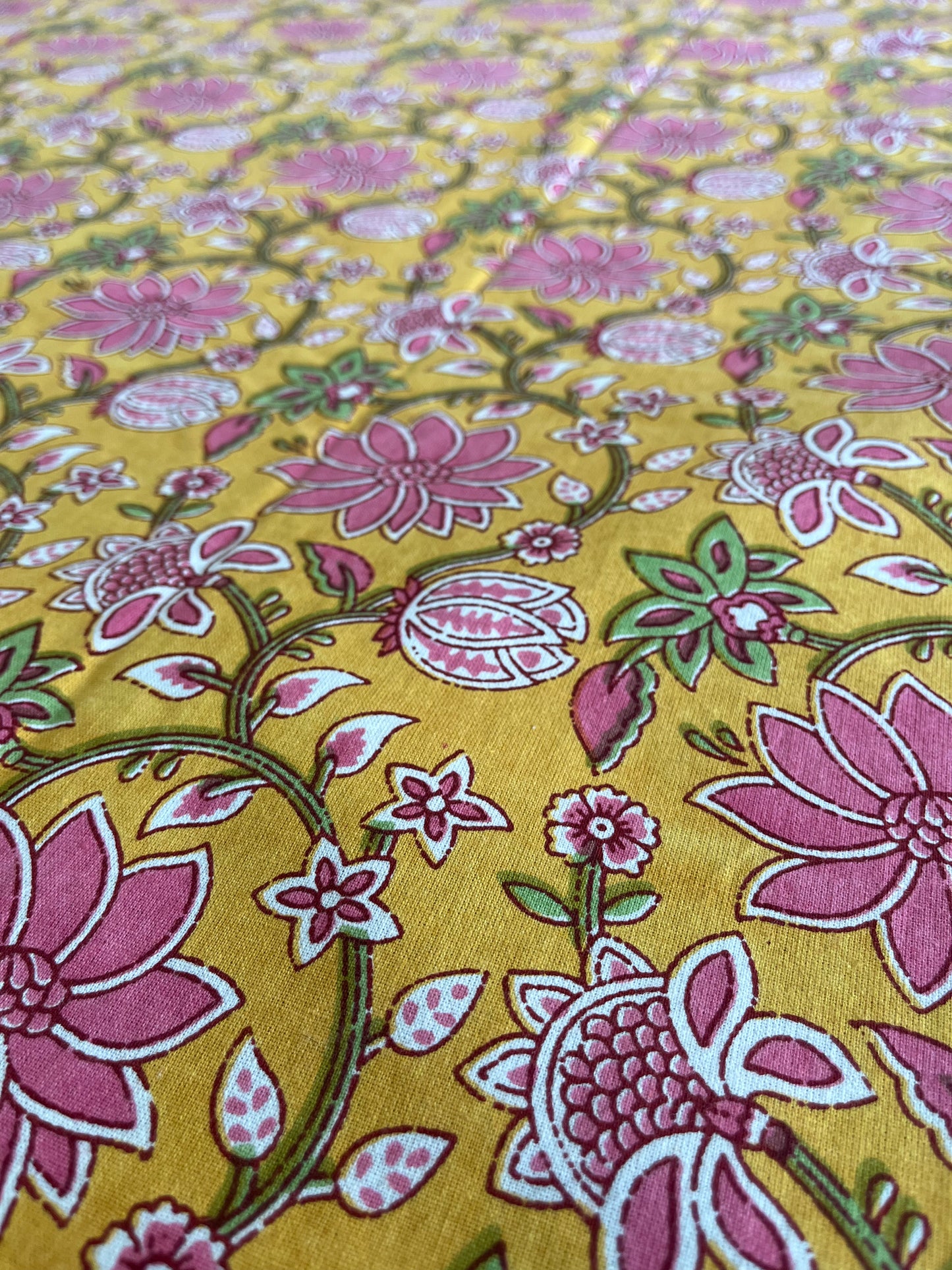 Handblock Yellow and Pink Floral Double Bedsheet