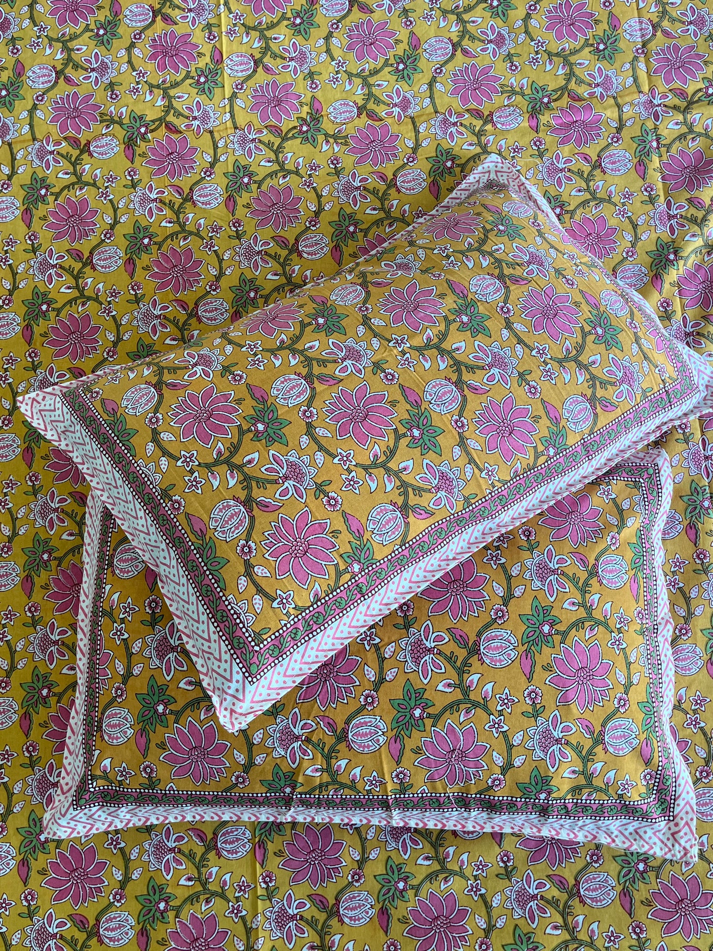 Handblock Yellow and Pink Floral Double Bedsheet
