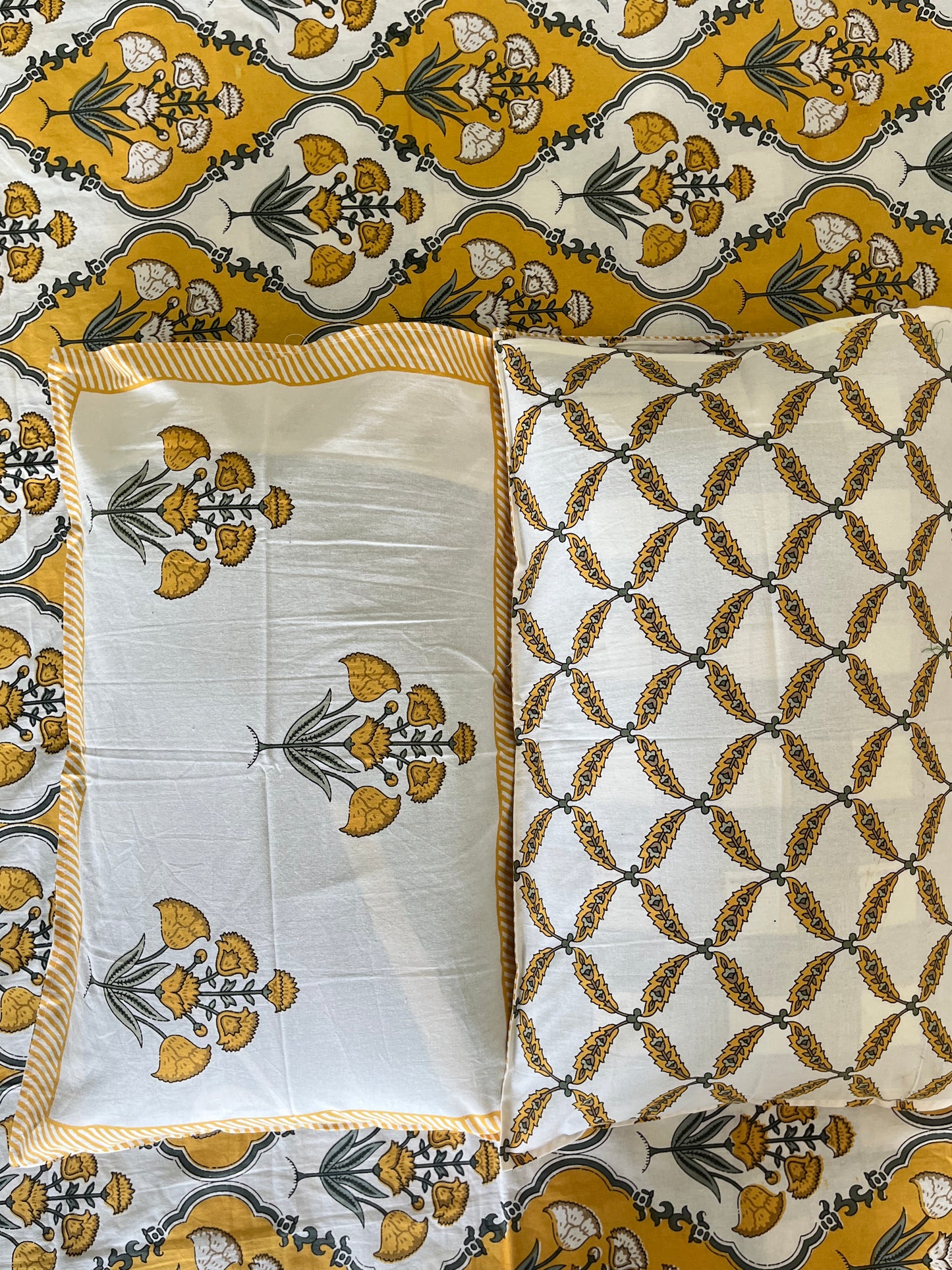 Handblock Yellow and White Patchwork Double Bedsheet