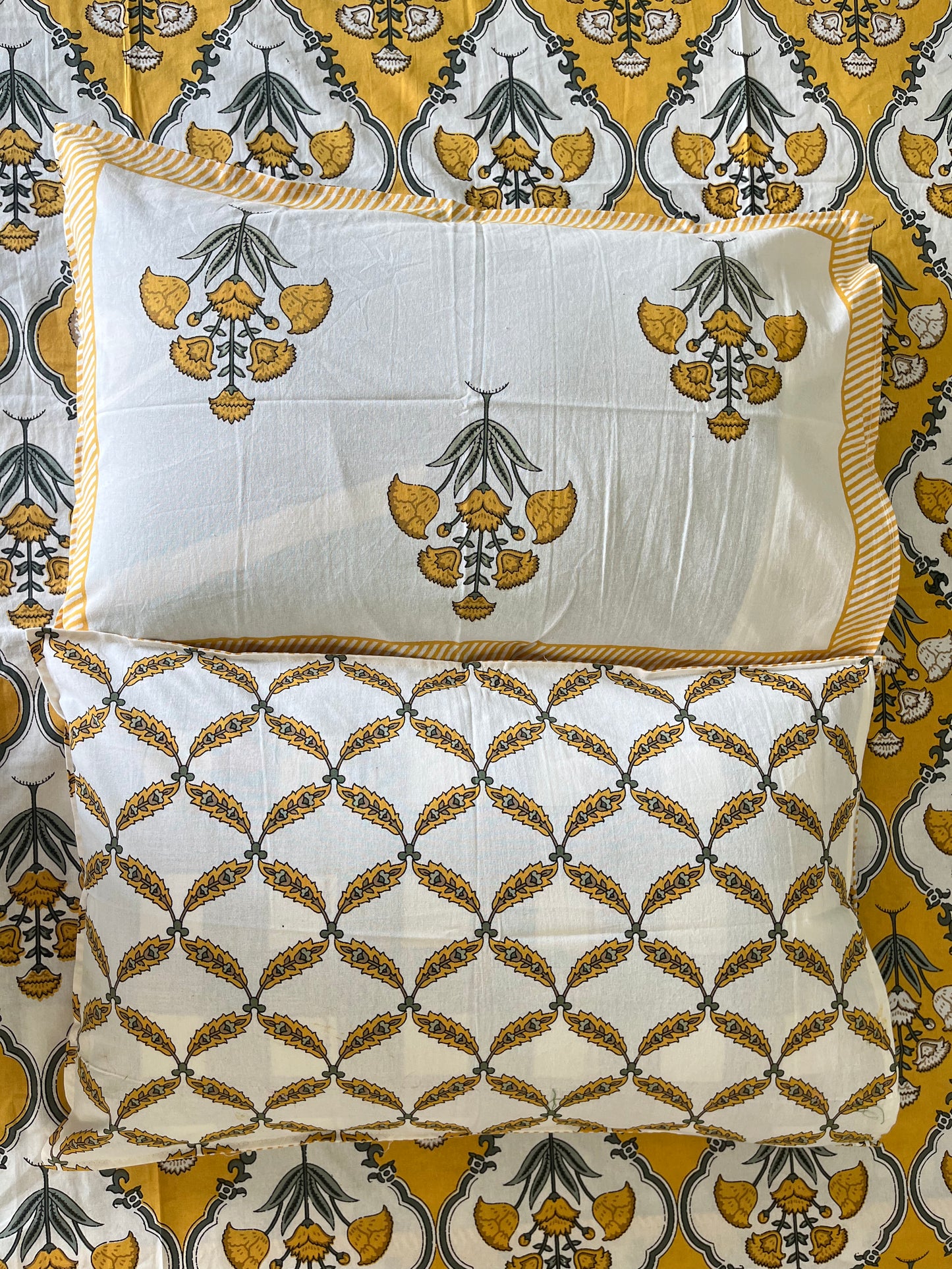 Handblock Yellow and White Patchwork Double Bedsheet