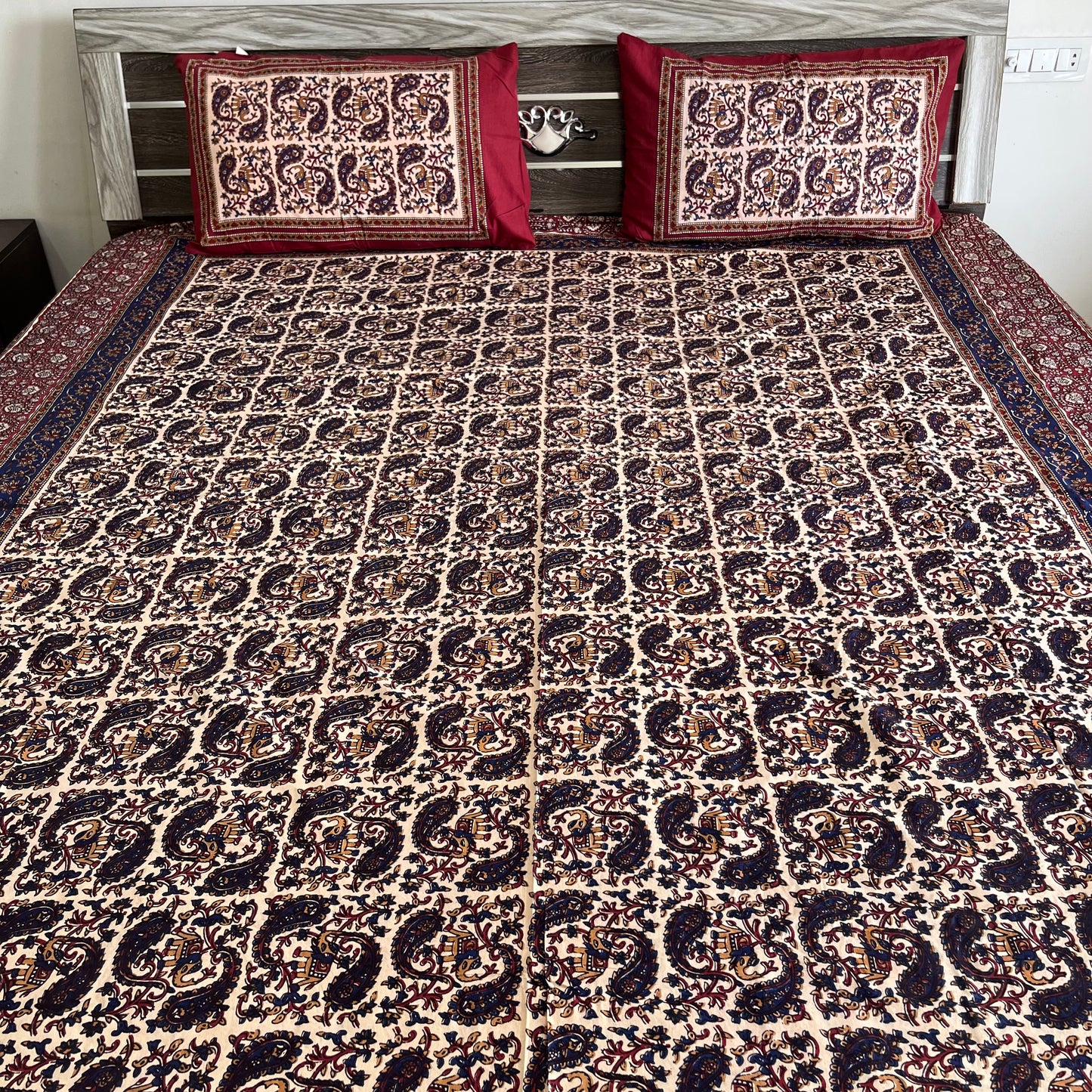 Deep Blue and Red Kalamkari Bedsheet with 2 Pillow covers