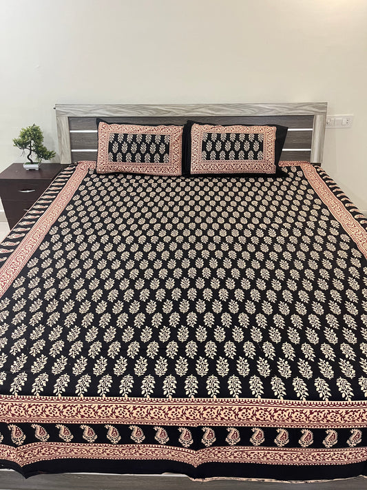 Barmeri Black Bagru Double Bedsheet with 2 Pillow Covers