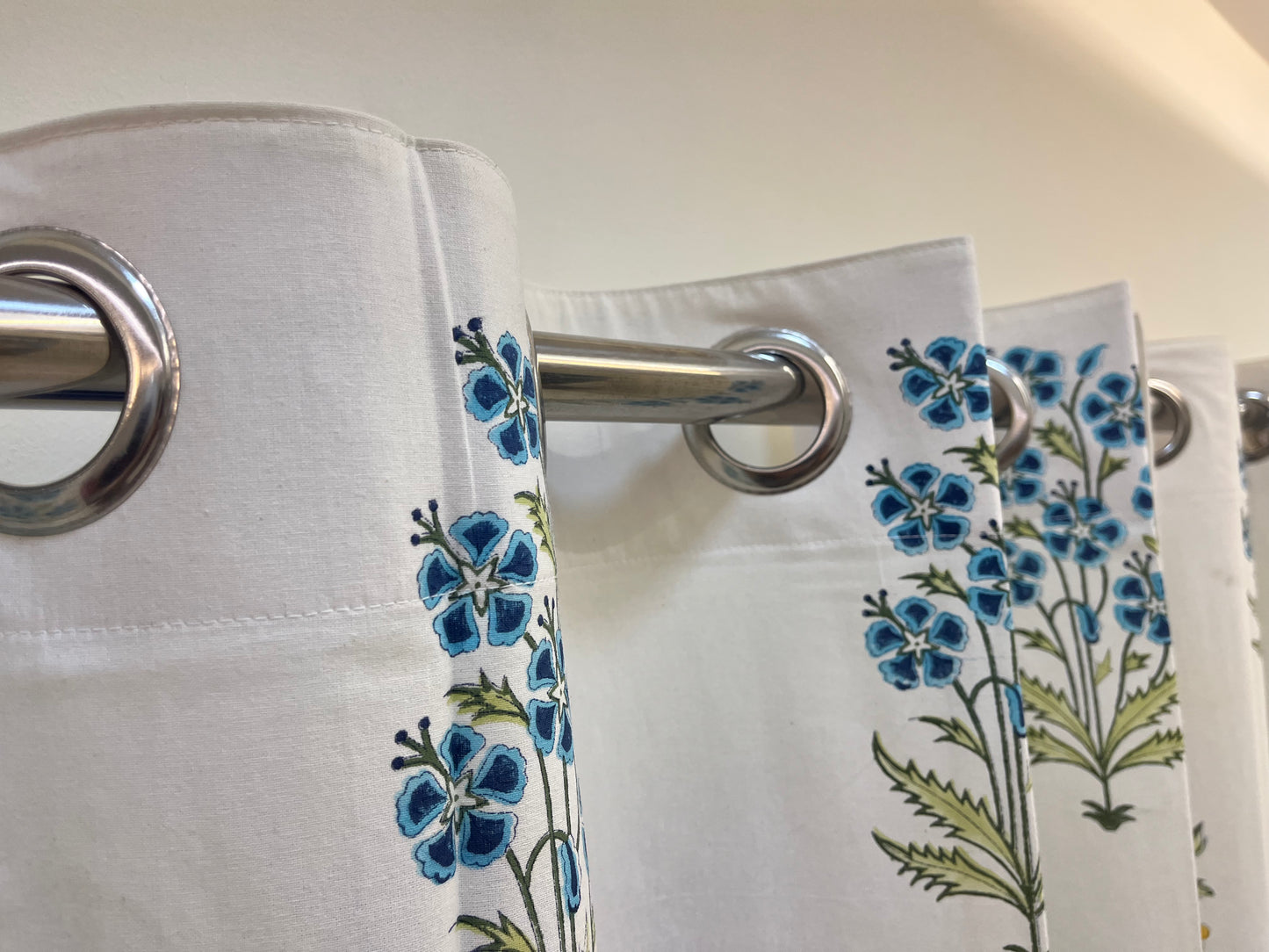 White Handblock Curtain with Blue and Green floral pattern 2