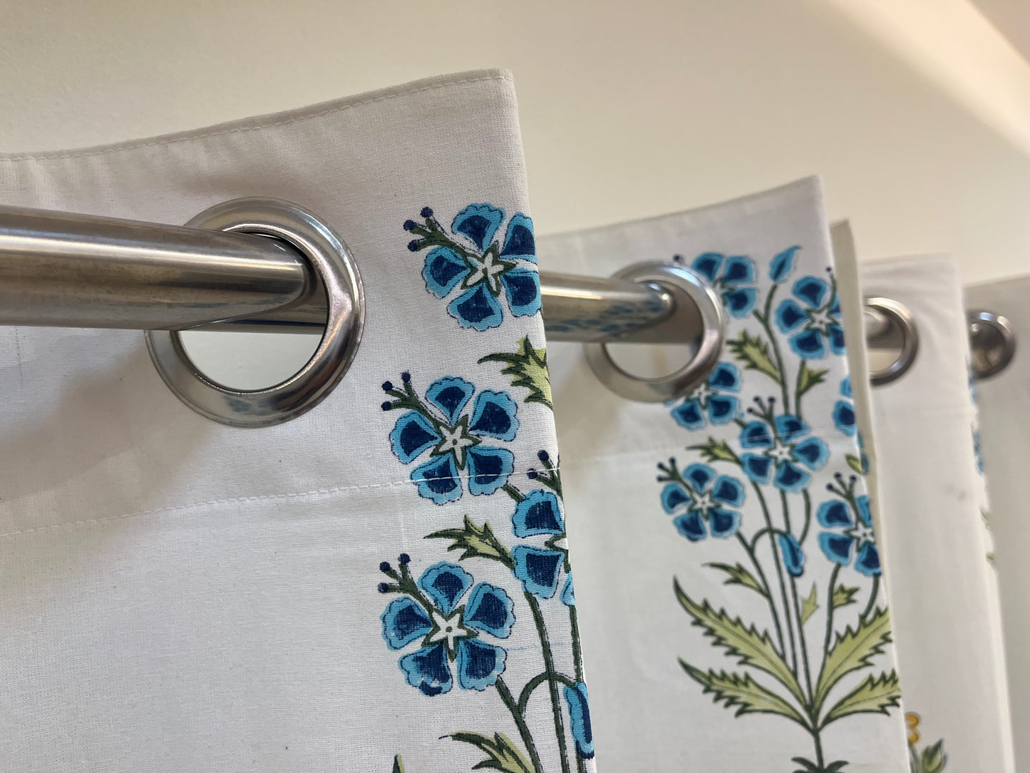 White Handblock Curtain with Blue and Green floral pattern 2