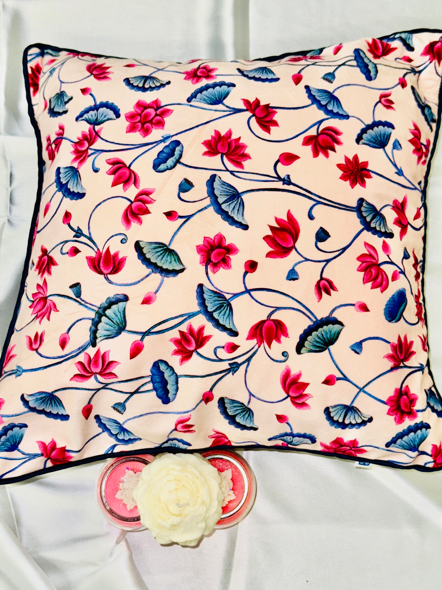 Beige Velvet Cushion Cover with Blue and Pink Design – Size 16*16