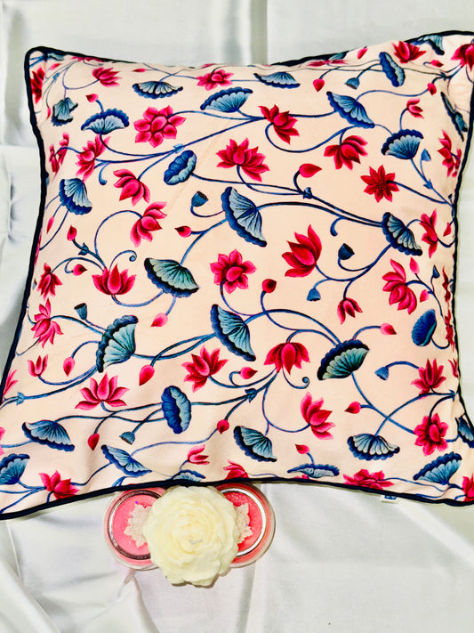 Beige Velvet Cushion Cover with Blue and Pink Design – Size 16*16
