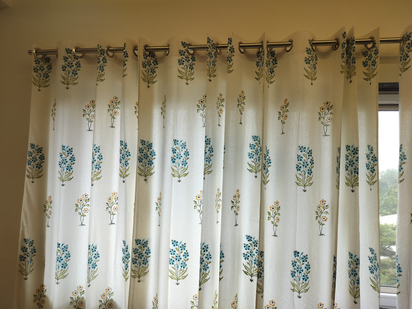 White Handblock Curtain with Blue and Green floral pattern 2