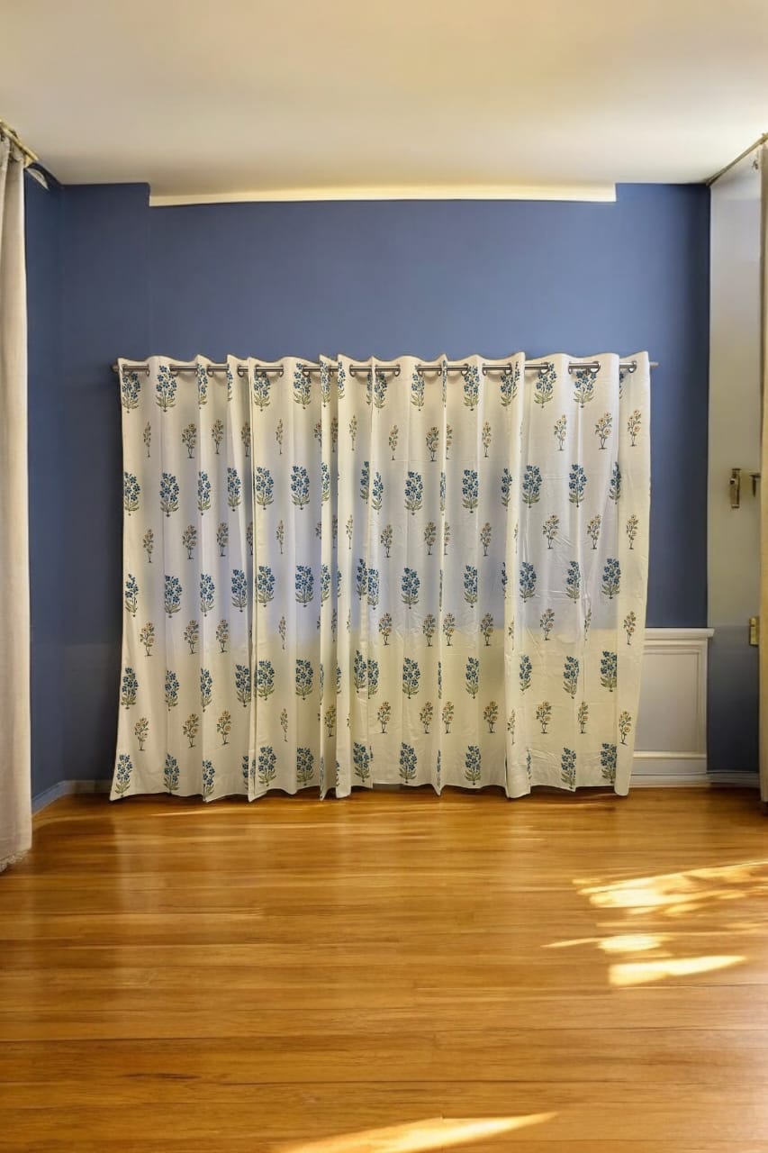 White Handblock Curtain with Blue and Green floral pattern 2