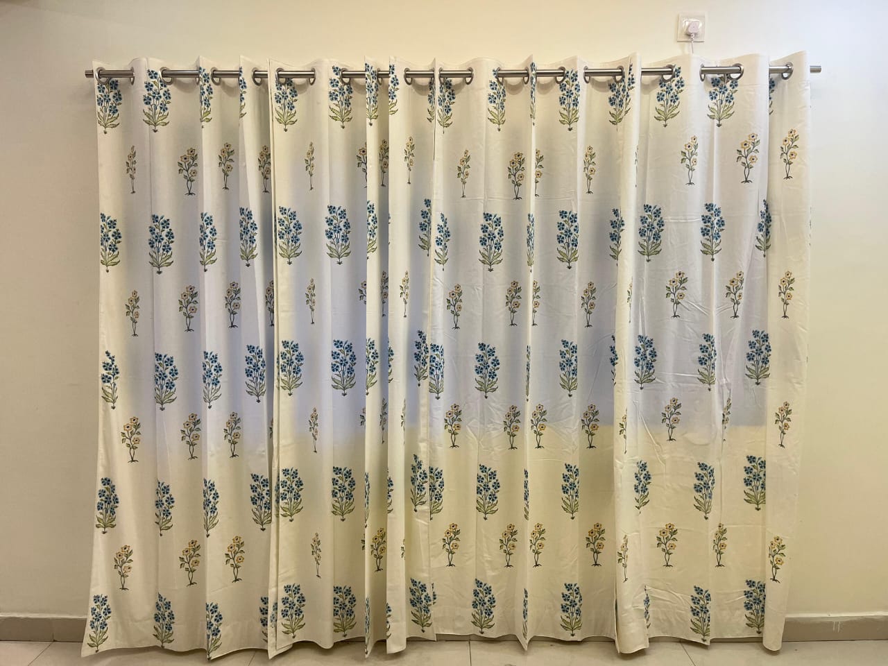 White Handblock Curtain with Blue and Green floral pattern 2