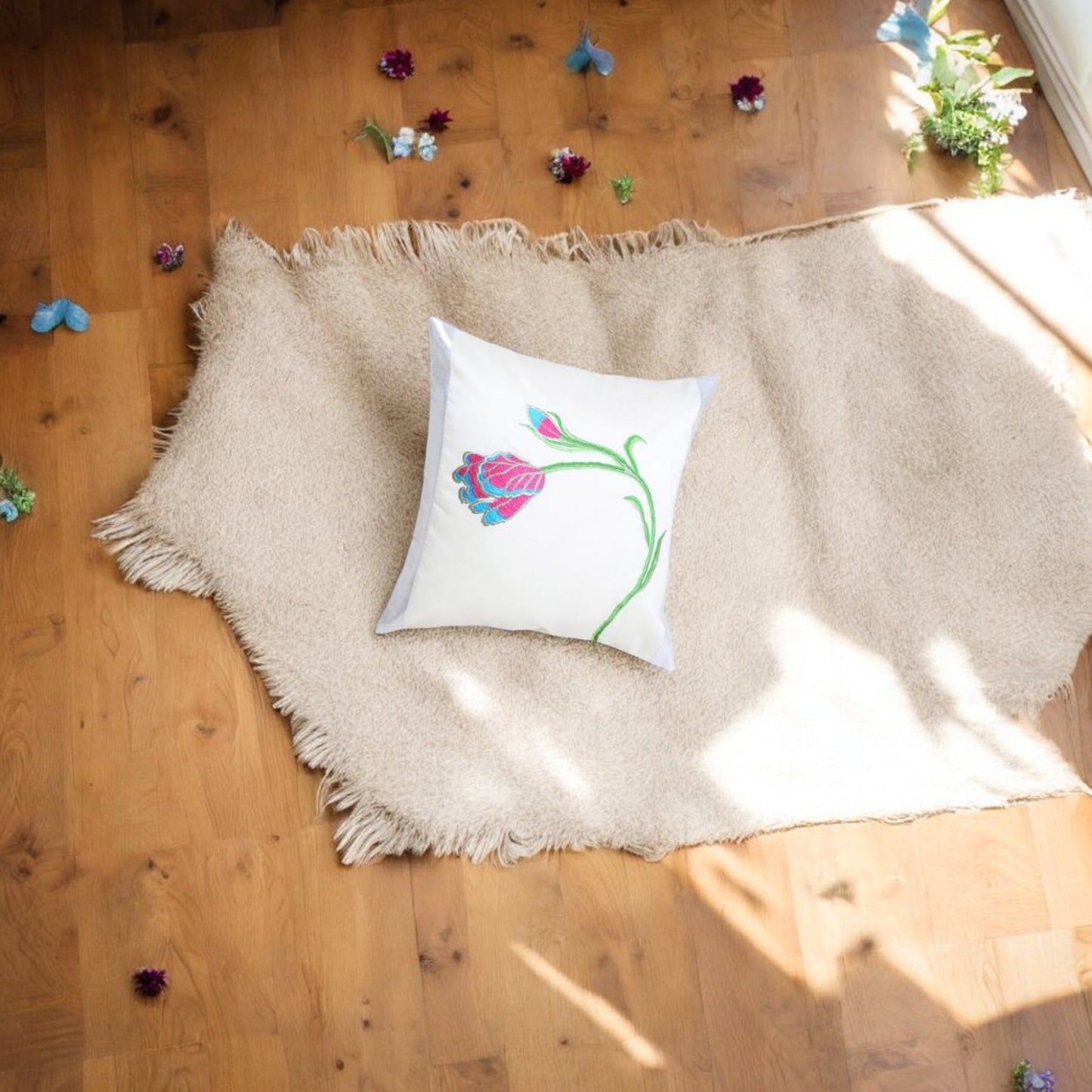 WHITE PINK LILY SILK CUSHION COVER