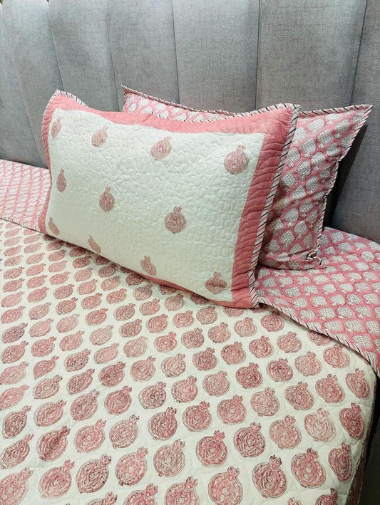 Pink Strawberry Handblock Quilted Reversible Bedcover with 2 Pillow Covers – Charming and Eco-Friendly Bedroom Décor