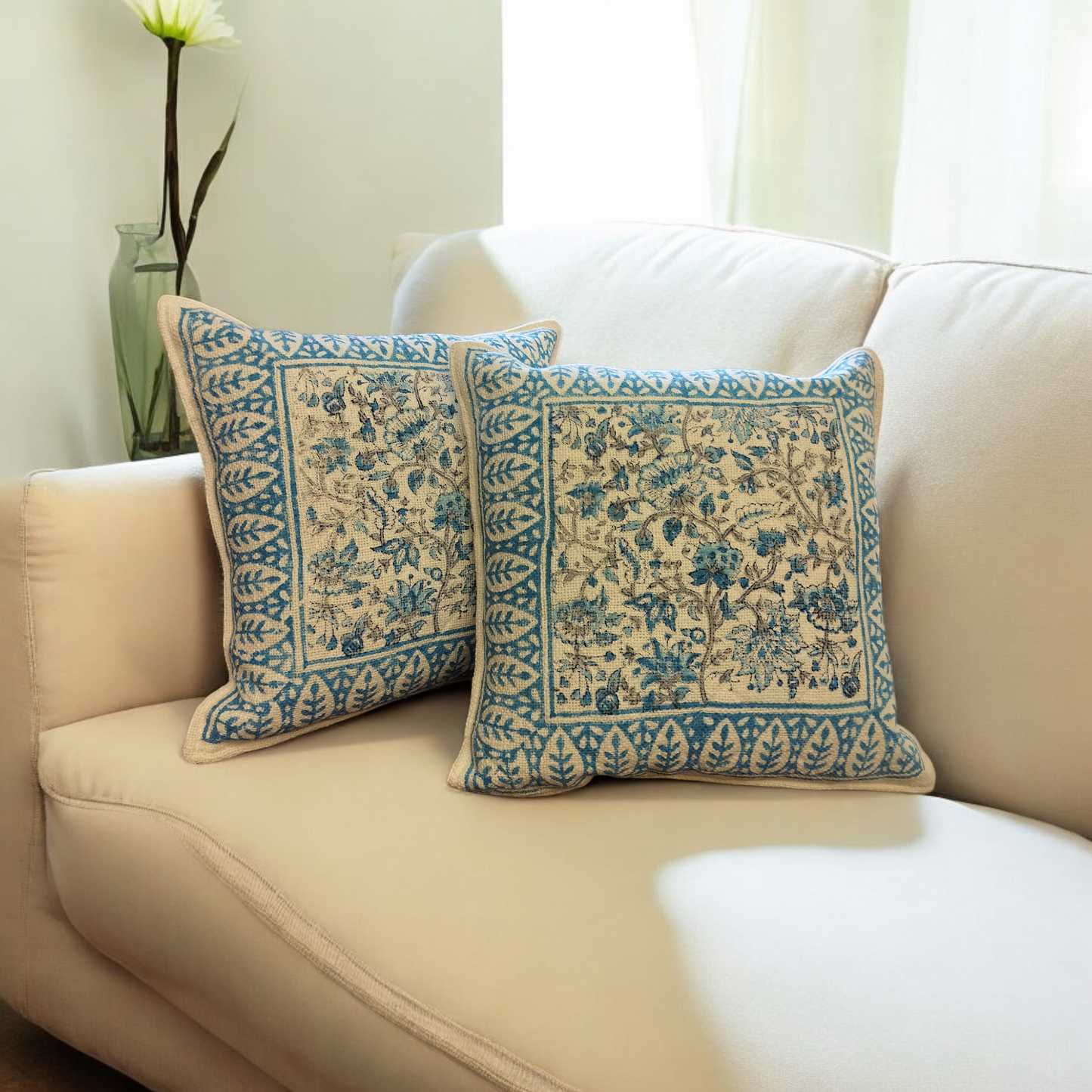 Jute Cushion Cover Set of 2 (Blue and White)
