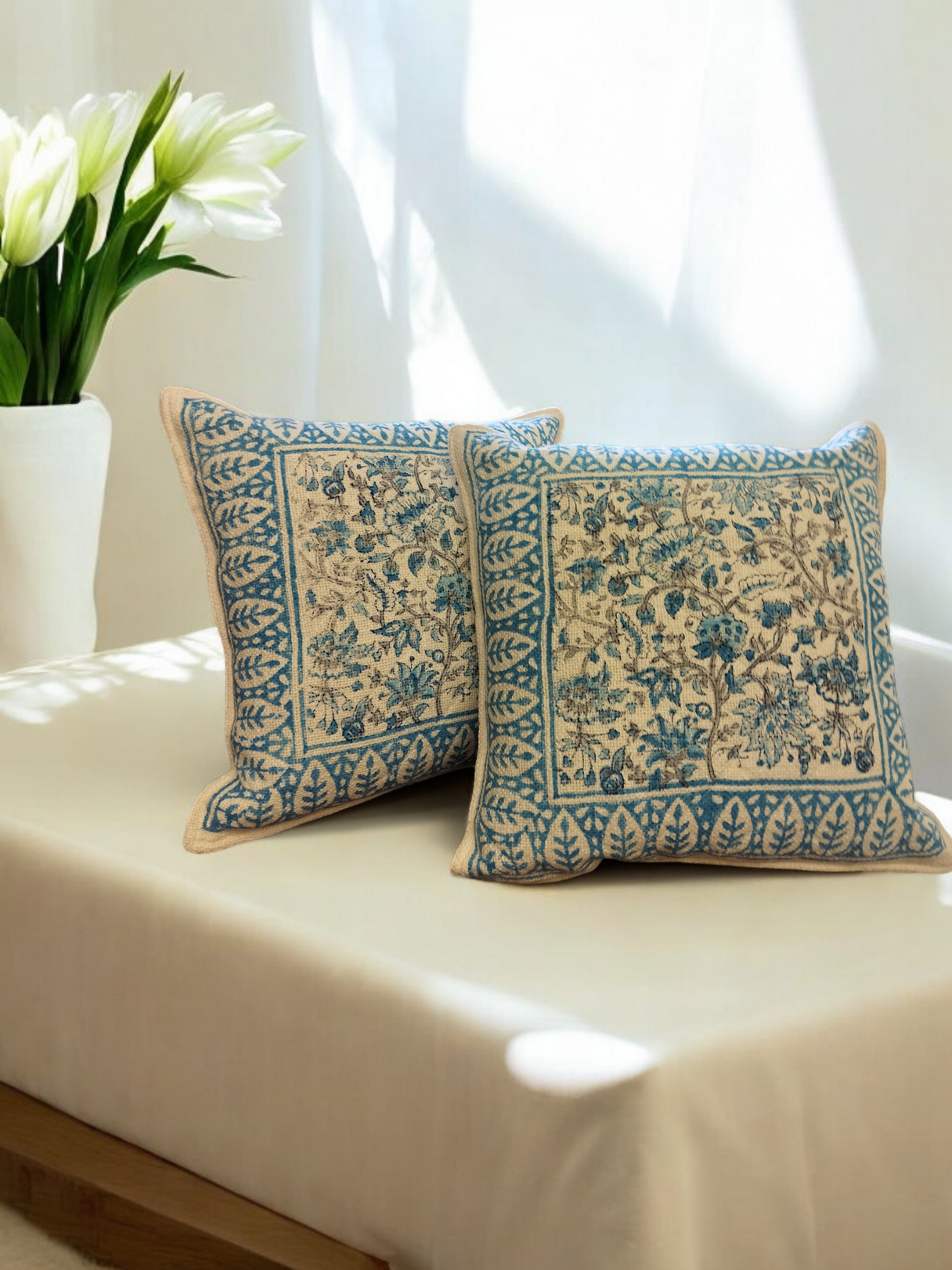 Jute Cushion Cover Set of 2 (Blue and White)