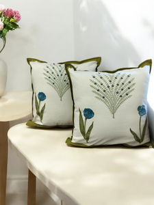 Green and White Quilted Handblock Cushion Covers β Set of 2