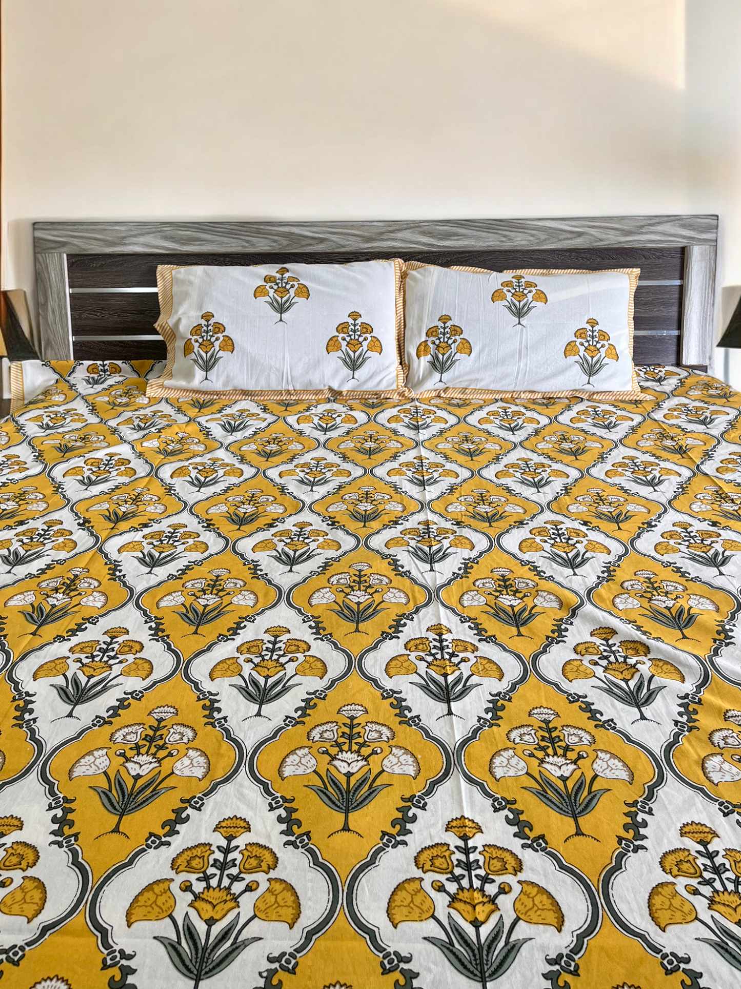 Handblock Yellow and White Patchwork Double Bedsheet