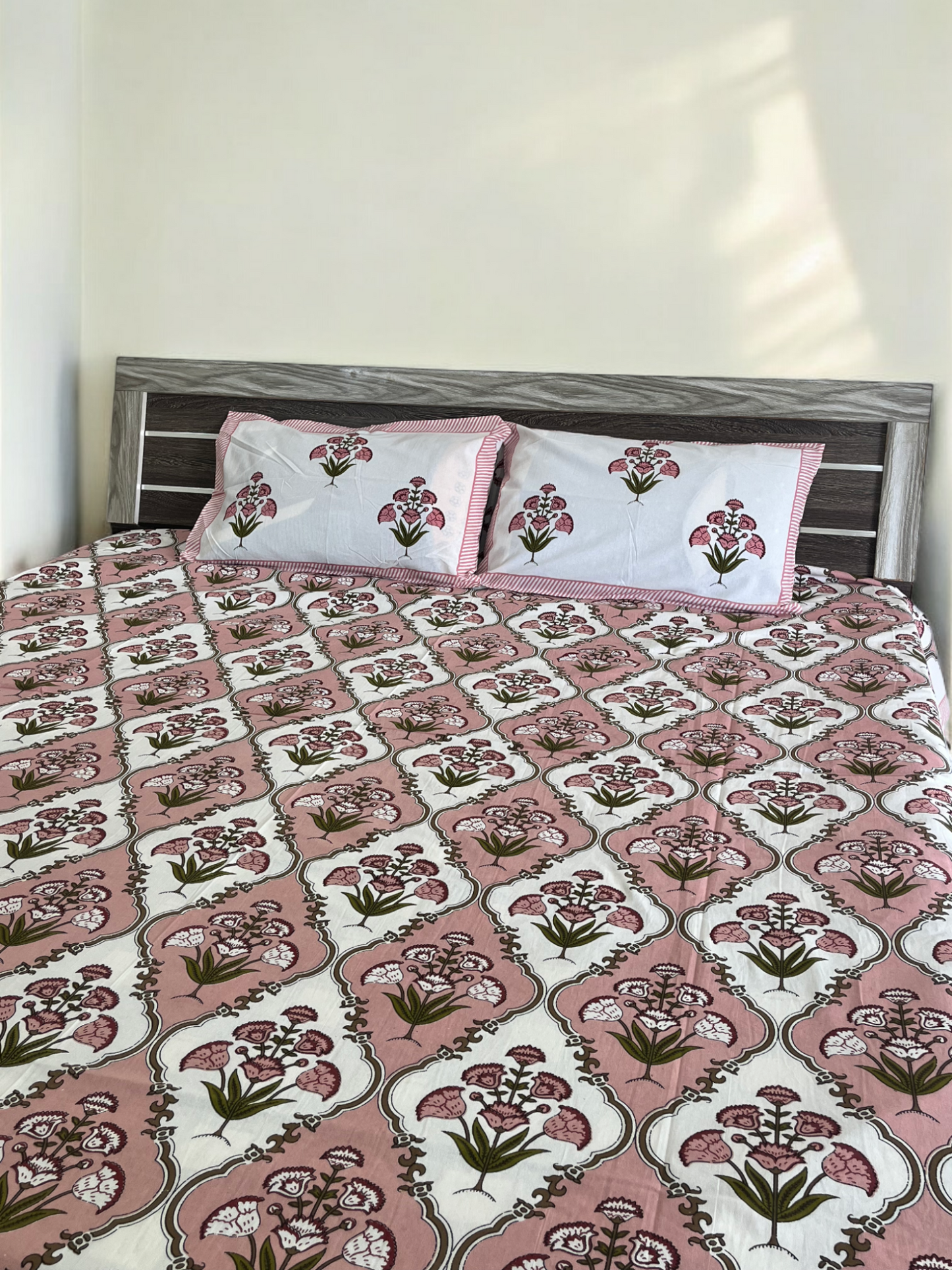 Handblock Peach Floral Double Bedsheet