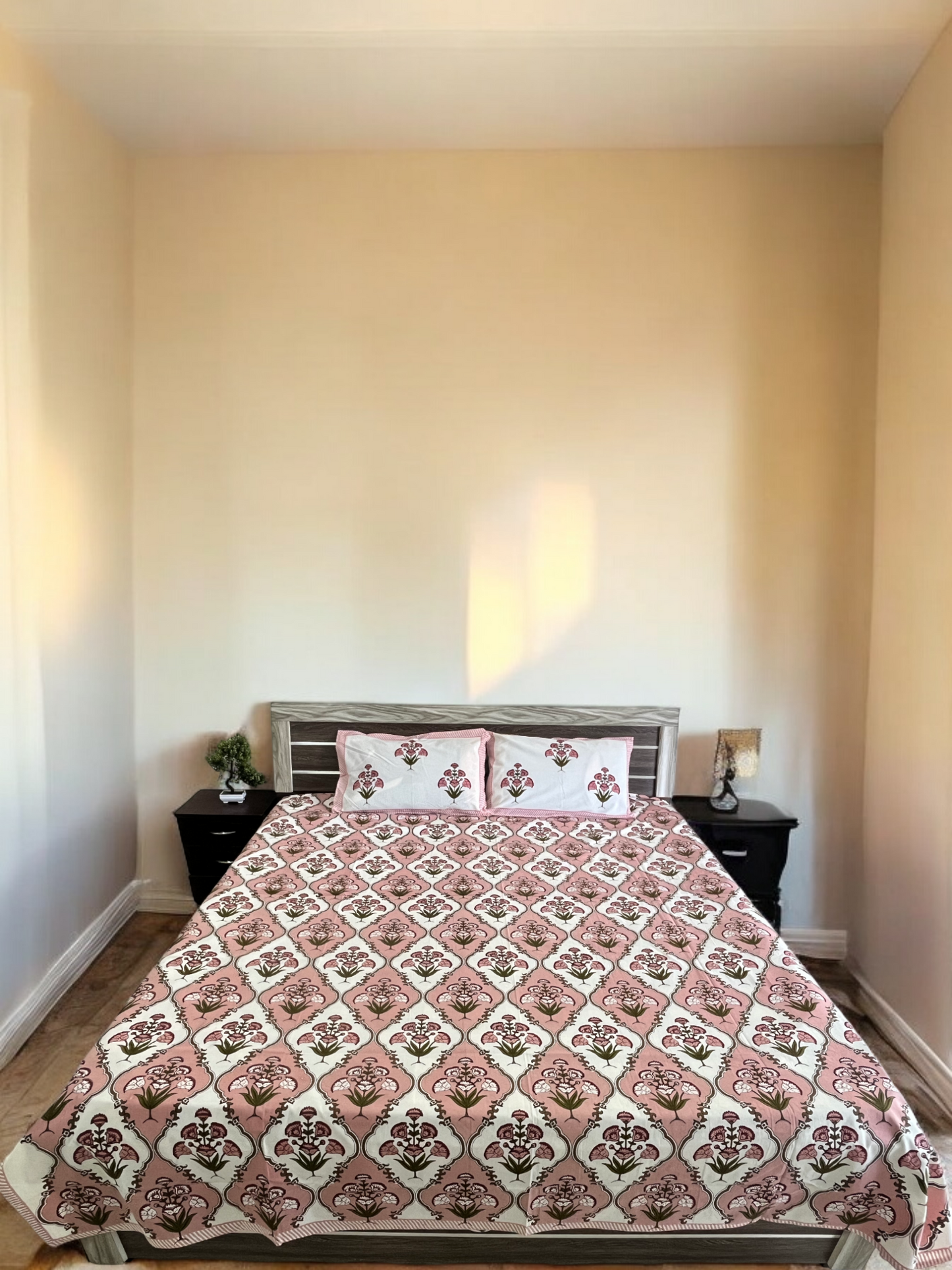 Handblock Peach Floral Double Bedsheet