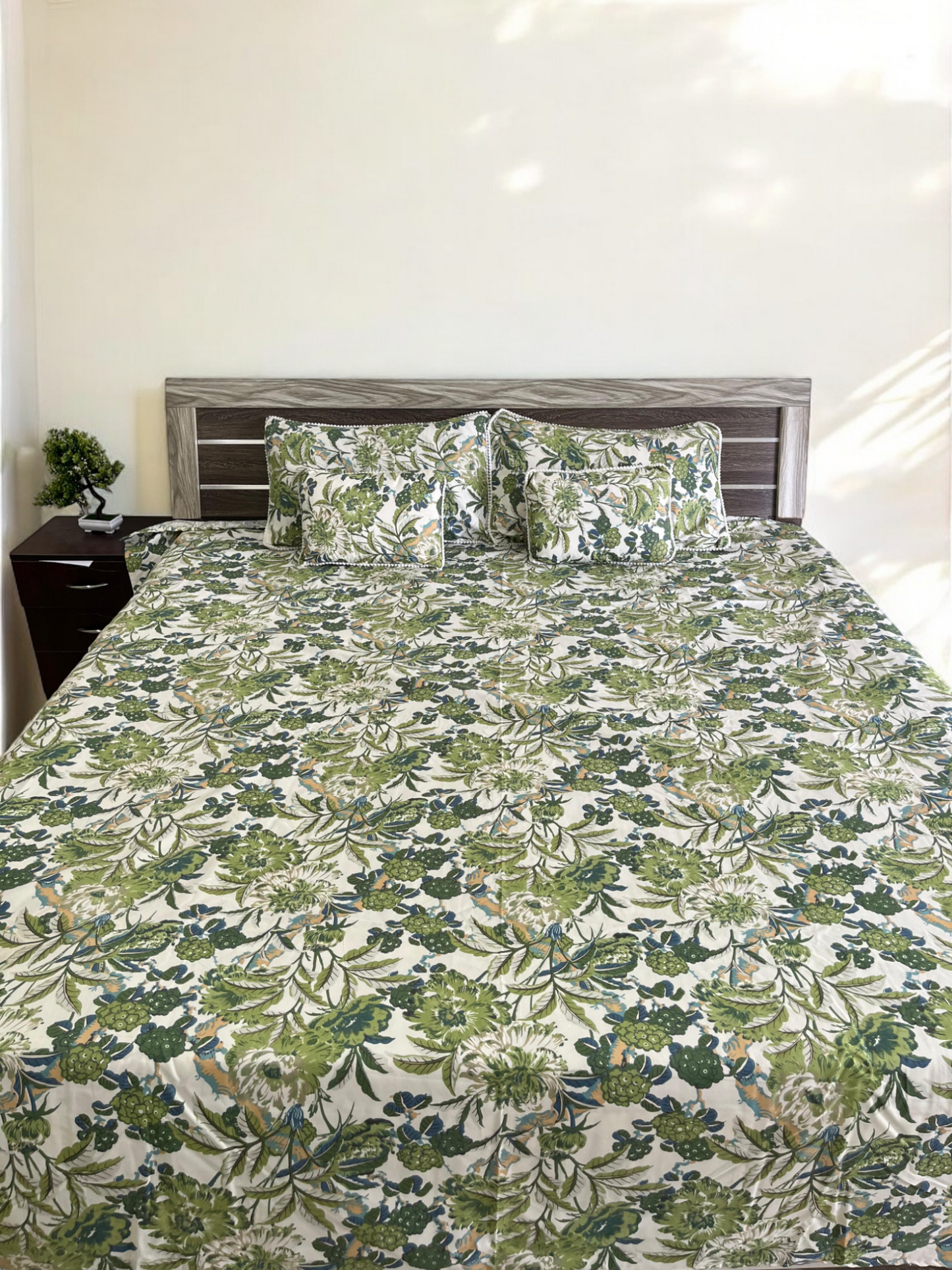 Green Garden Double Bedsheet with 2 Frill Pillows and 2 Cushion Covers