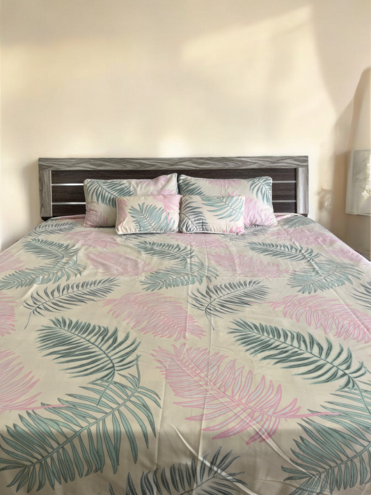 Pastel Pink and Green Double Bedsheet with 2 Frill Pillows and 2 Cushion Covers